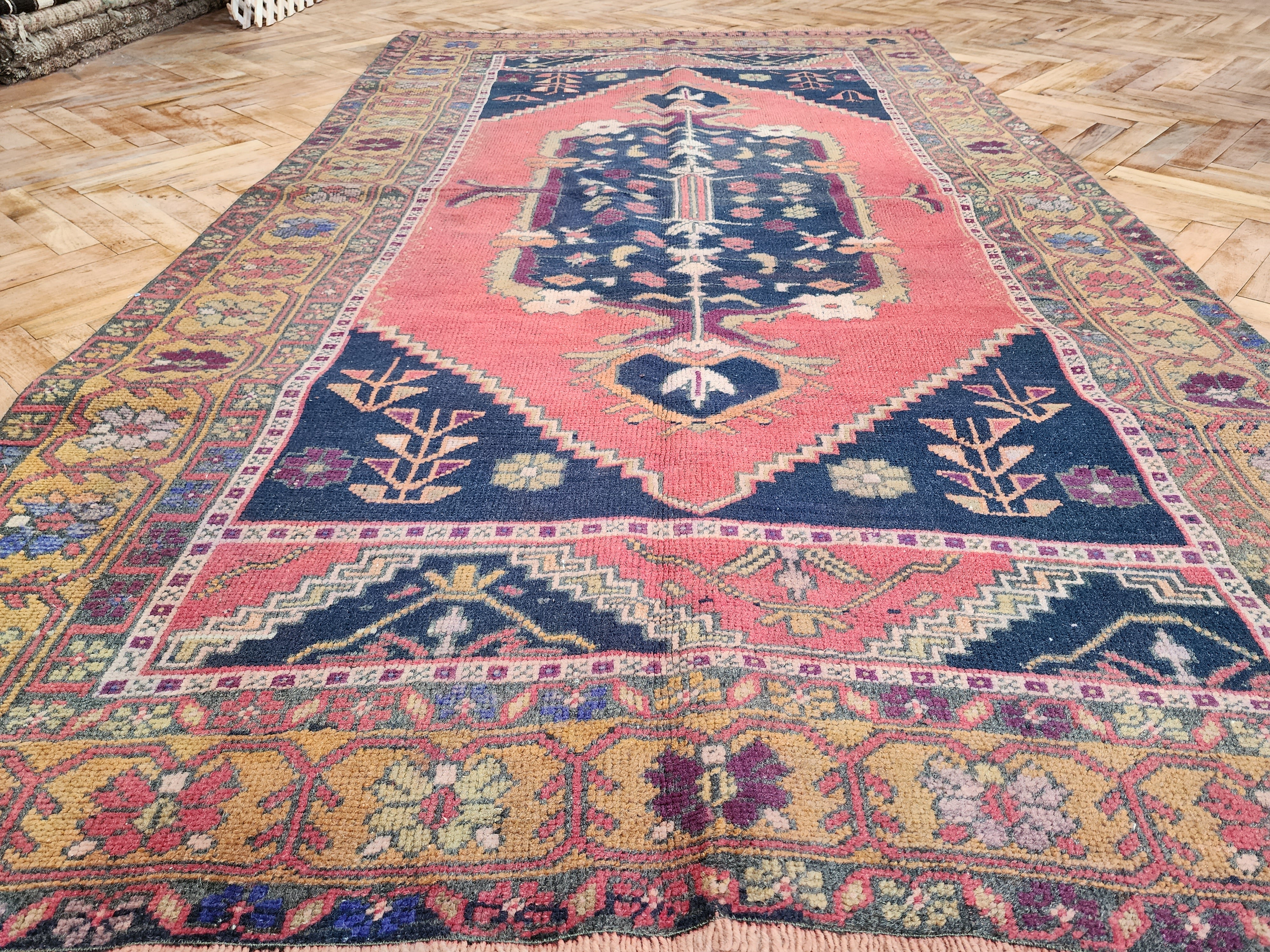 Turkish Oriental Rug, Red Blue Anatolian Tribal Medallion Carpet, 6'9'' x ''4''