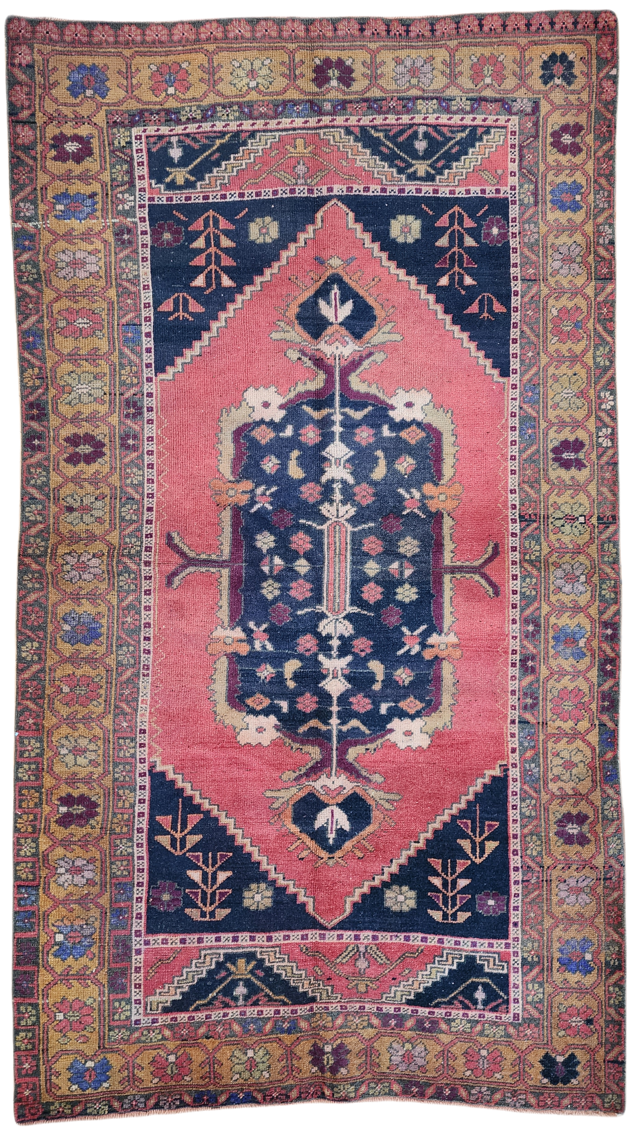 Turkish Oriental Rug, Red Blue Anatolian Tribal Medallion Carpet, 6'9'' x ''4''