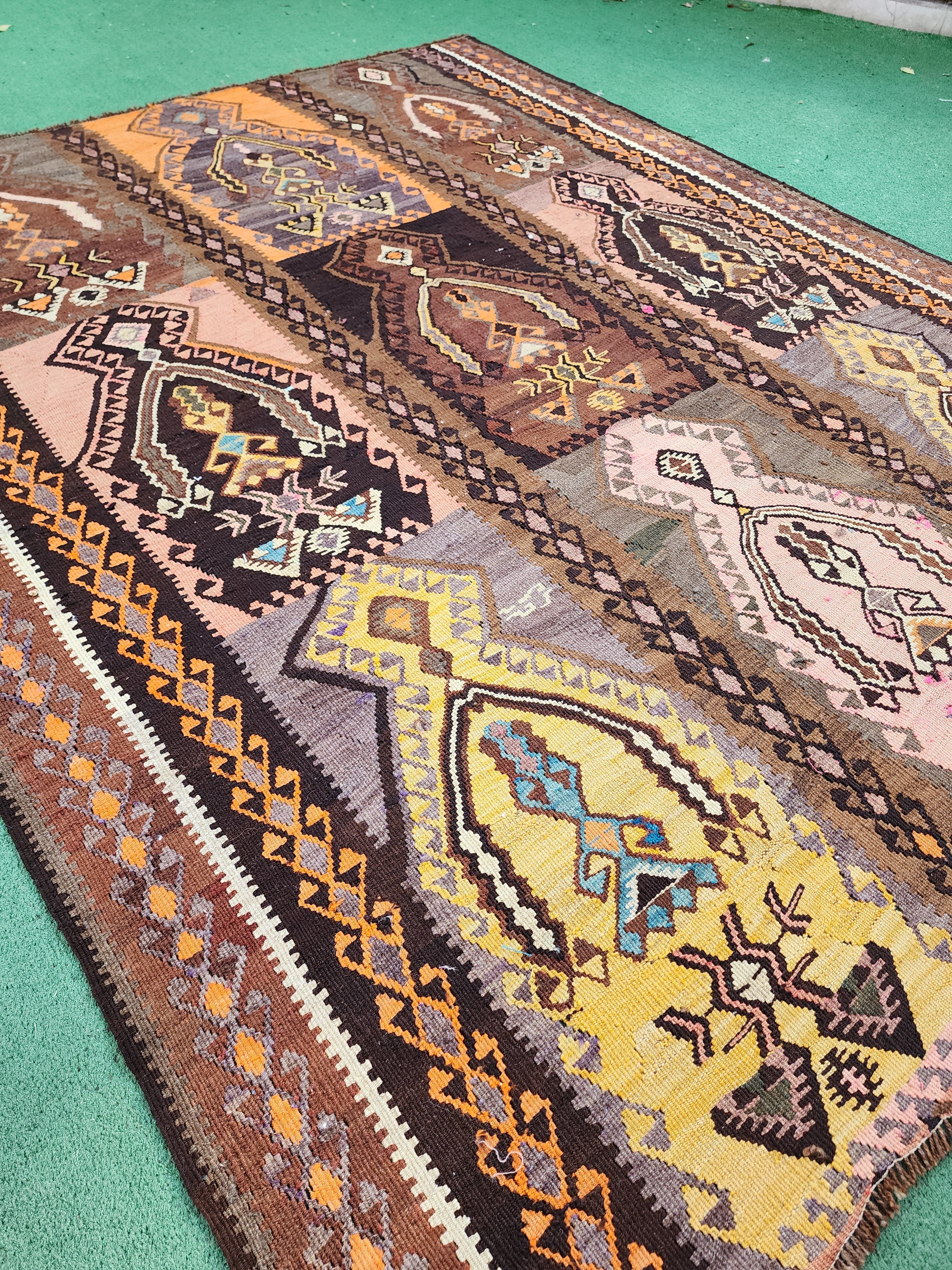 Antique Turkish Kilim Rug 7'6'' x''6'' Brown Beige Handmade Natural Wool Kilim