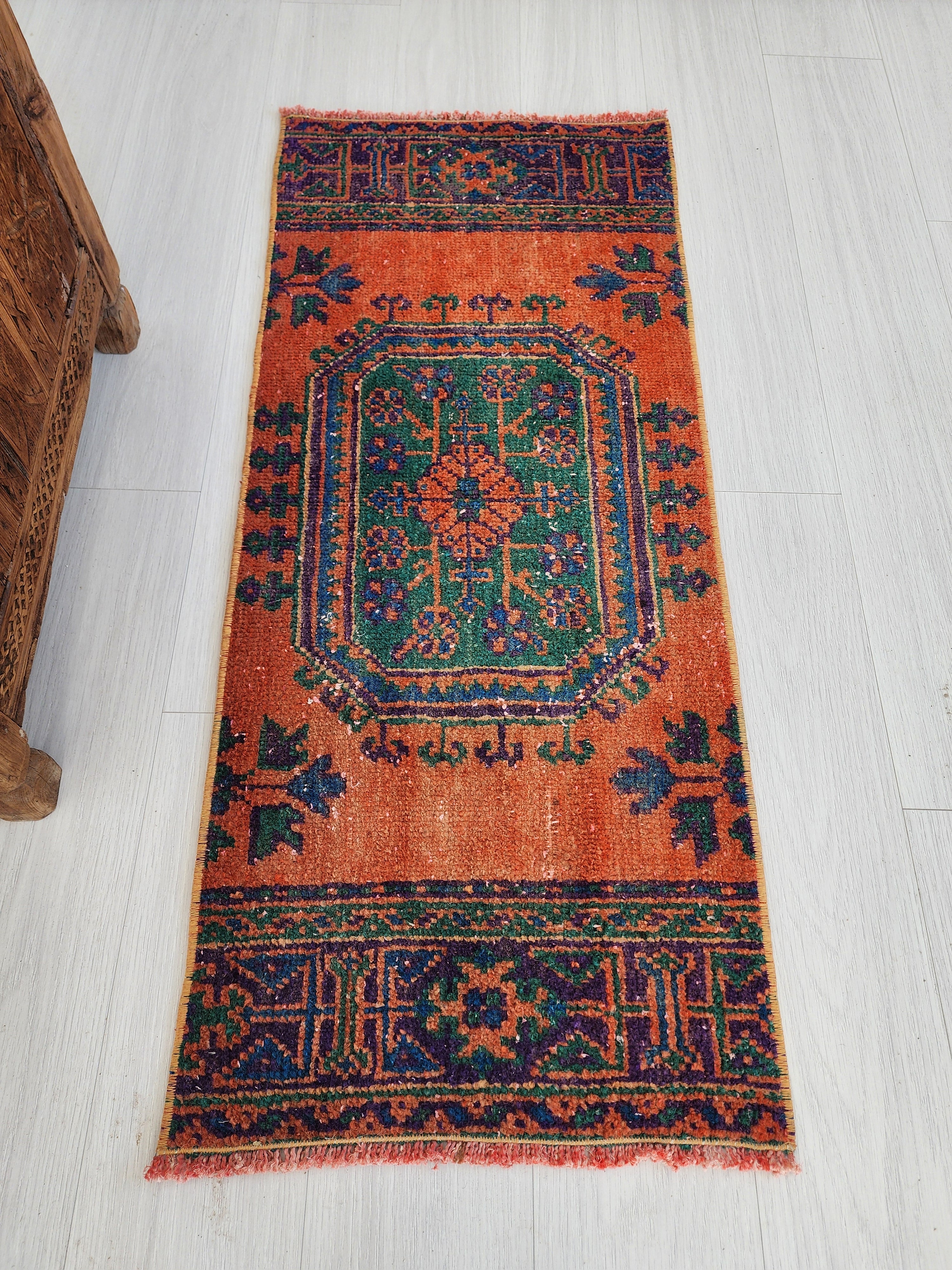 Small Turkish Rug, 4 ft 3 in x 1 ft 8 in, Apricot Orange and Teal Green / Grey Vintage Faded Distressed Door Mat