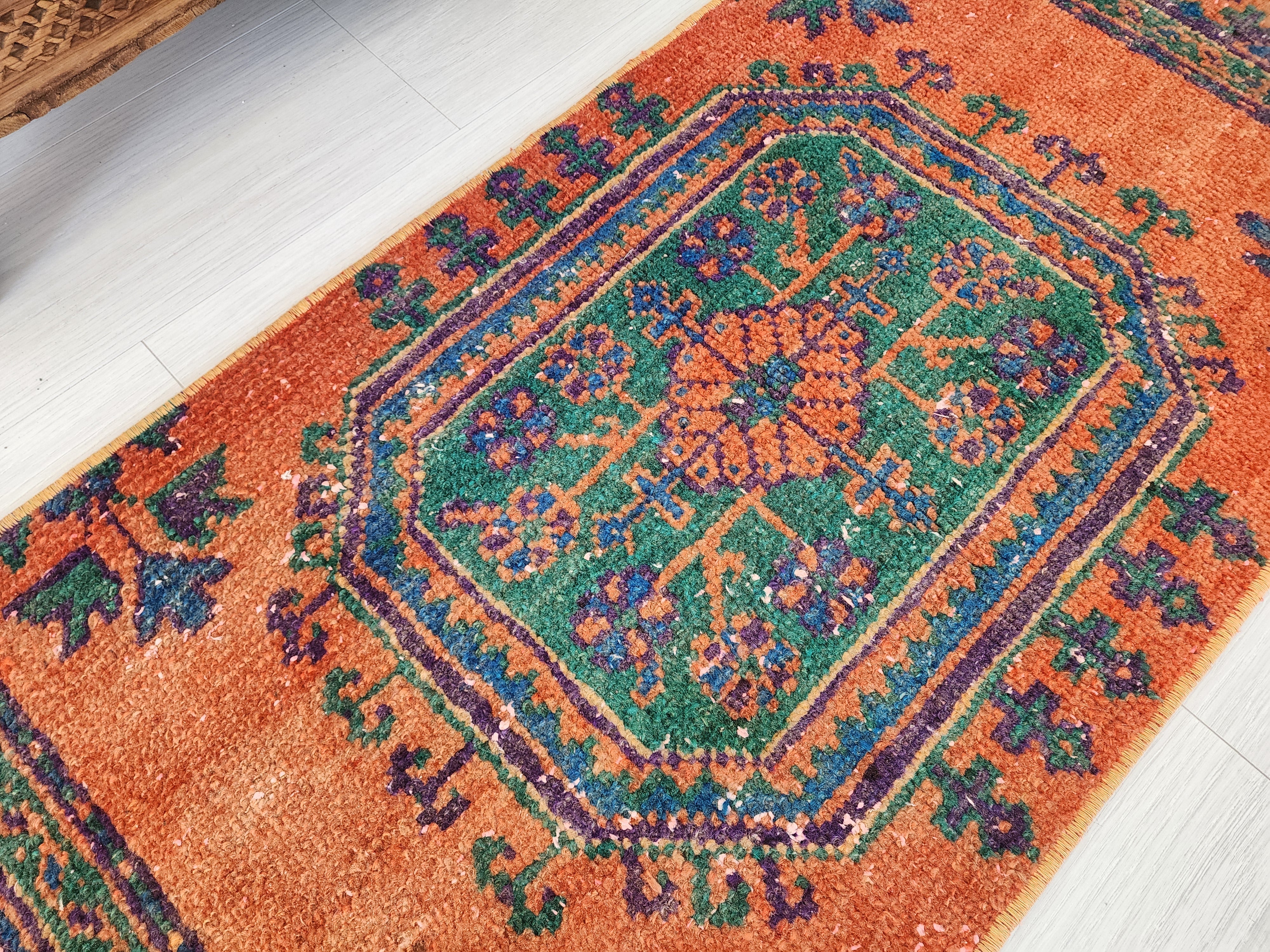Small Turkish Rug, 4 ft 3 in x 1 ft 8 in, Apricot Orange and Teal Green / Grey Vintage Faded Distressed Door Mat