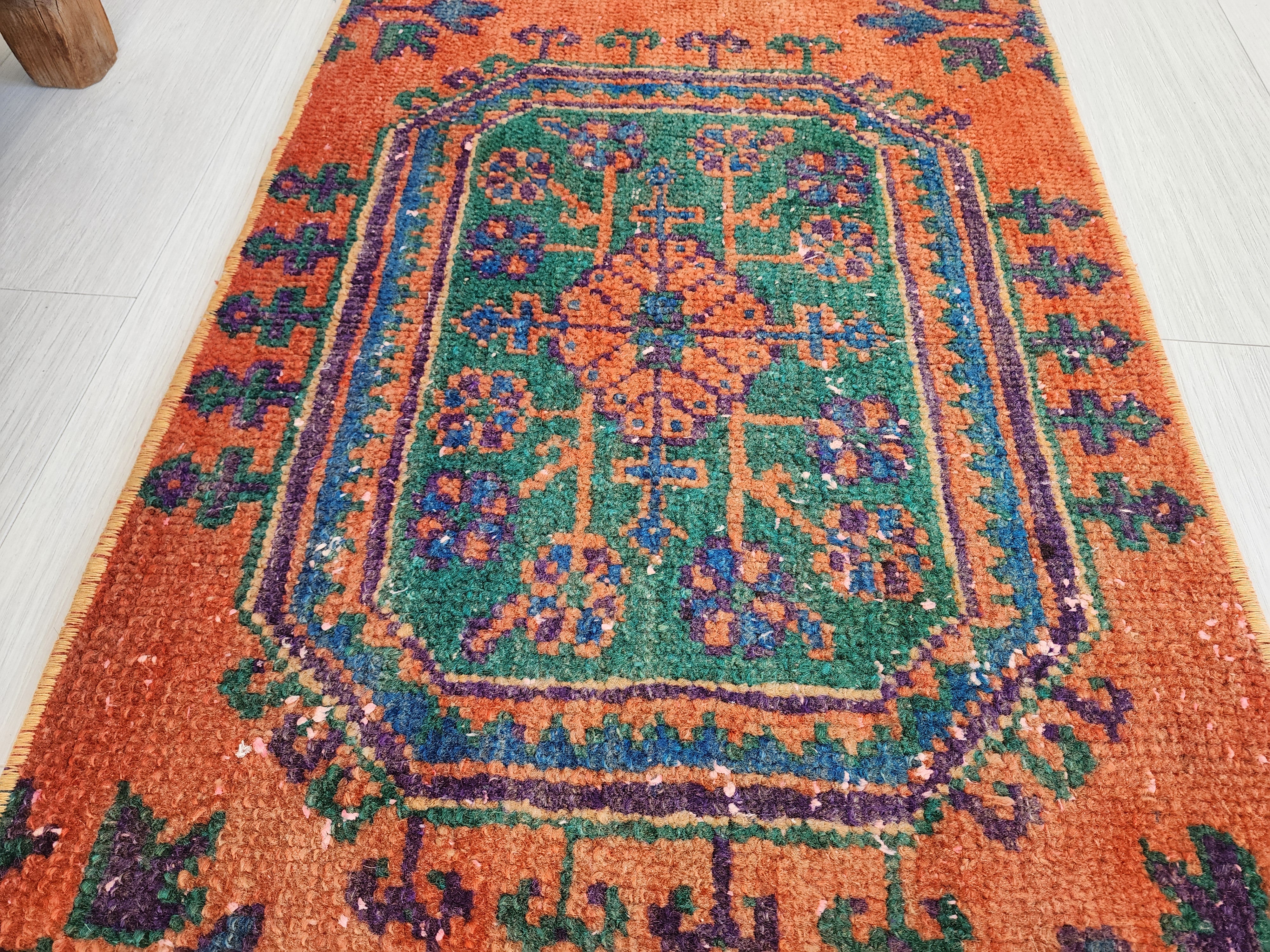 Small Turkish Rug, 4 ft 3 in x 1 ft 8 in, Apricot Orange and Teal Green / Grey Vintage Faded Distressed Door Mat