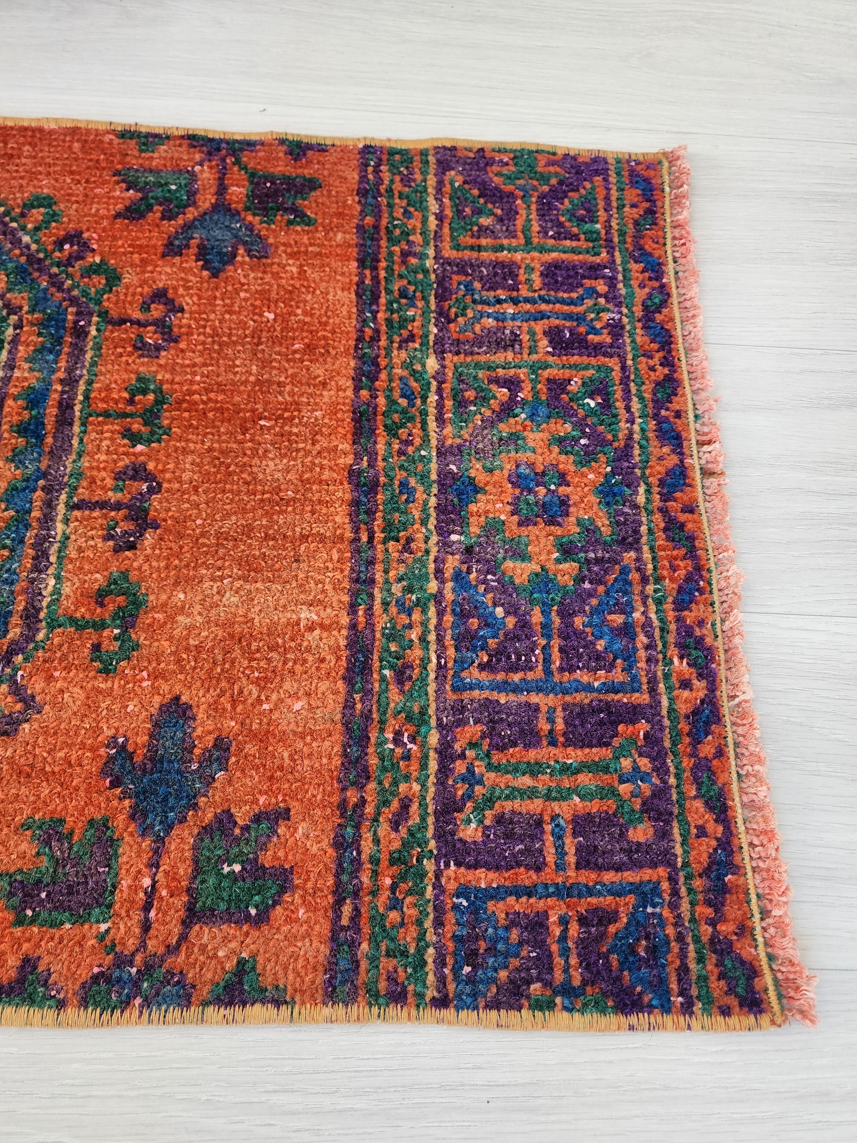 Small Turkish Rug, 4 ft 3 in x 1 ft 8 in, Apricot Orange and Teal Green / Grey Vintage Faded Distressed Door Mat