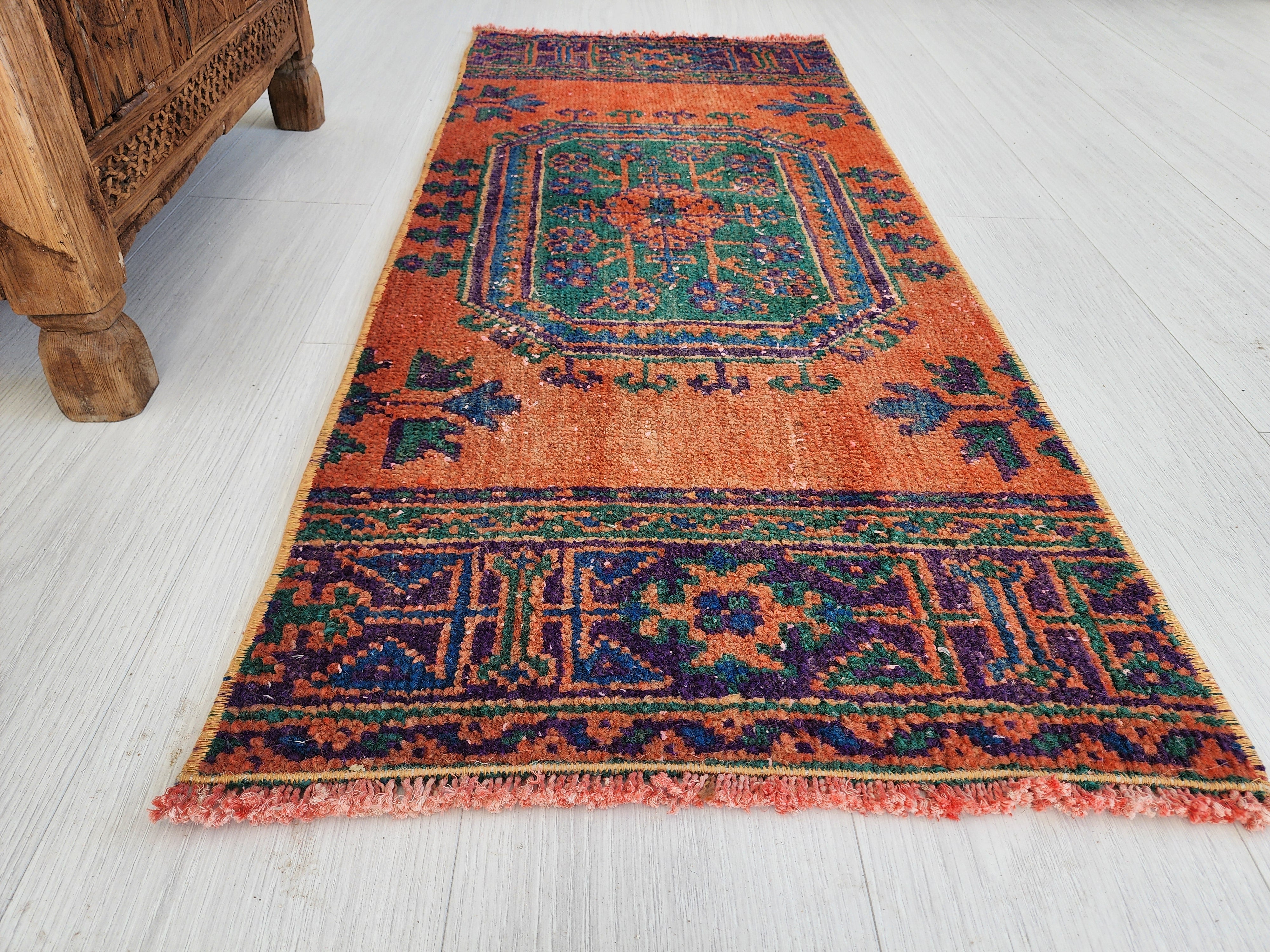 Small Turkish Rug, 4 ft 3 in x 1 ft 8 in, Apricot Orange and Teal Green / Grey Vintage Faded Distressed Door Mat