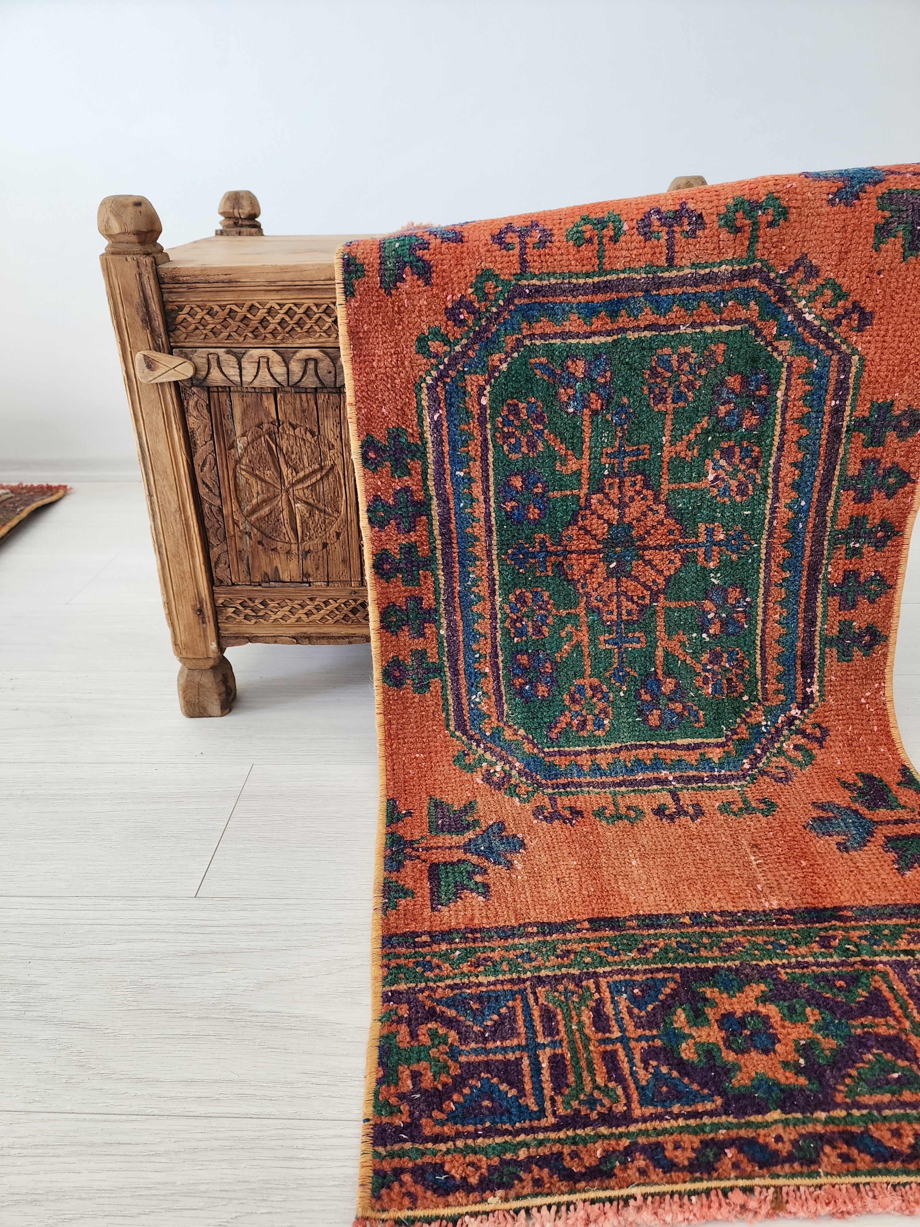 Small Turkish Rug, 4 ft 3 in x 1 ft 8 in, Apricot Orange and Teal Green / Grey Vintage Faded Distressed Door Mat