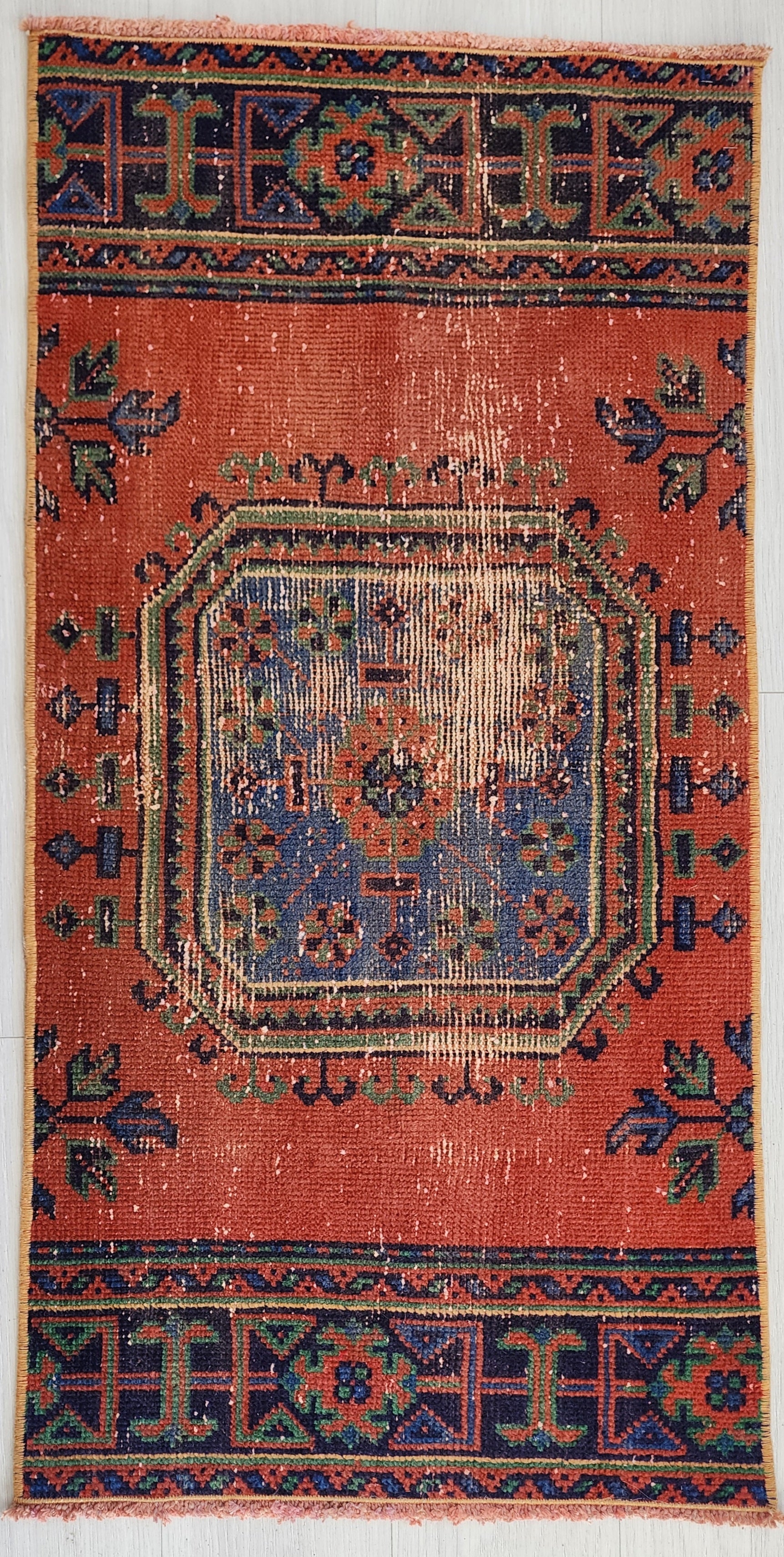 Small Turkish Rug, 4 ft 1 in x 1 ft 8 in, Apricot Orange and Teal Green / Grey Vintage Faded Distressed Door Mat