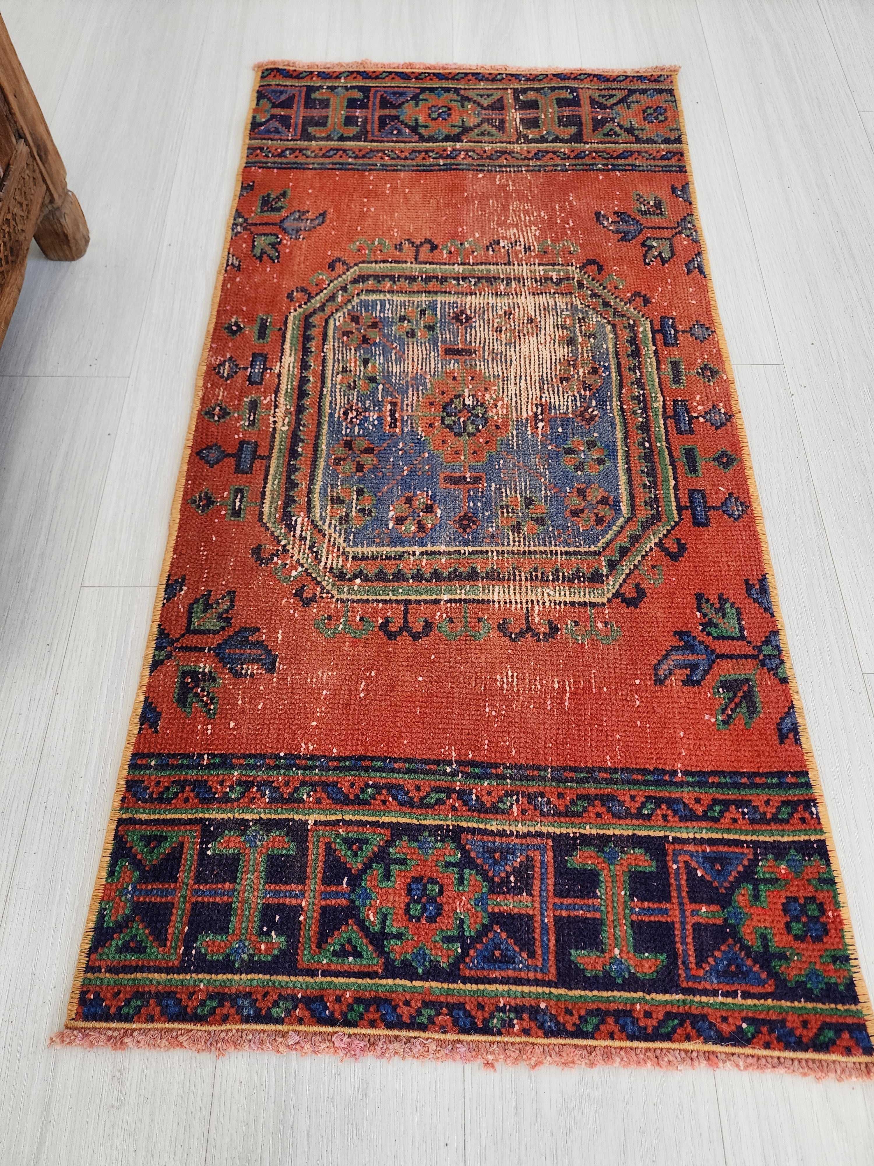 Small Turkish Rug, 4 ft 1 in x 1 ft 8 in, Apricot Orange and Teal Green / Grey Vintage Faded Distressed Door Mat