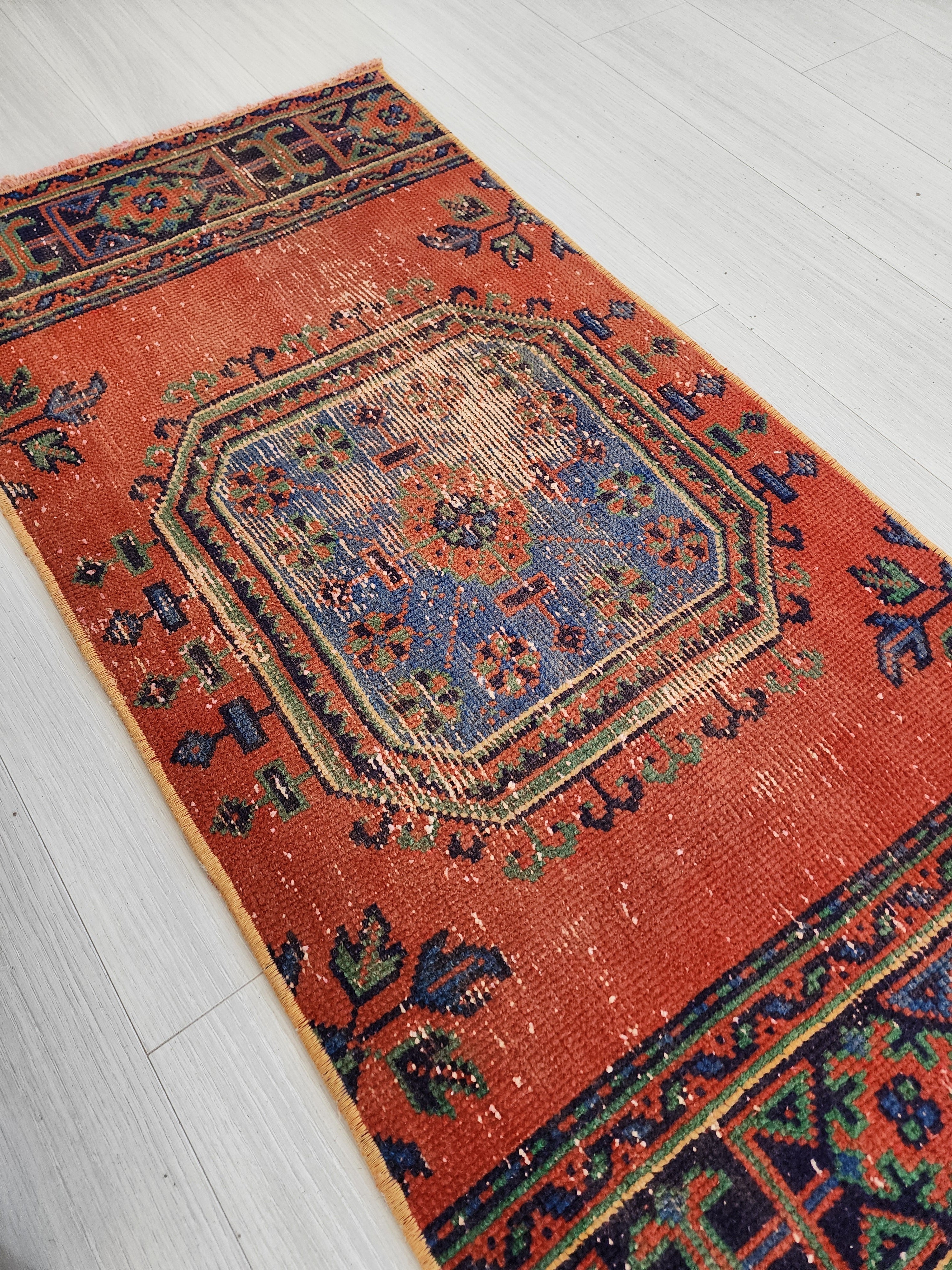 Small Turkish Rug, 4 ft 1 in x 1 ft 8 in, Apricot Orange and Teal Green / Grey Vintage Faded Distressed Door Mat