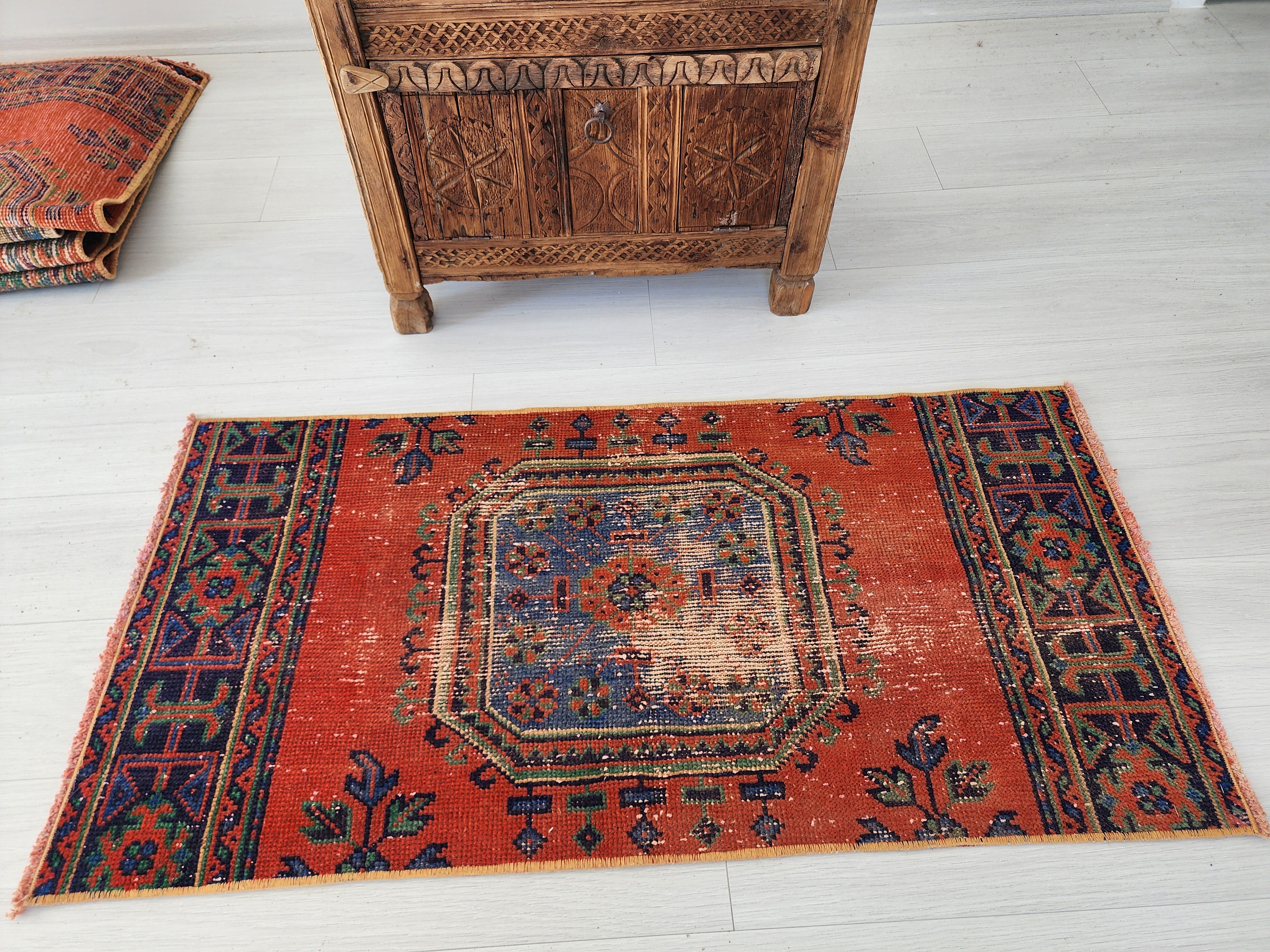 Small Turkish Rug, 4 ft 1 in x 1 ft 8 in, Apricot Orange and Teal Green / Grey Vintage Faded Distressed Door Mat