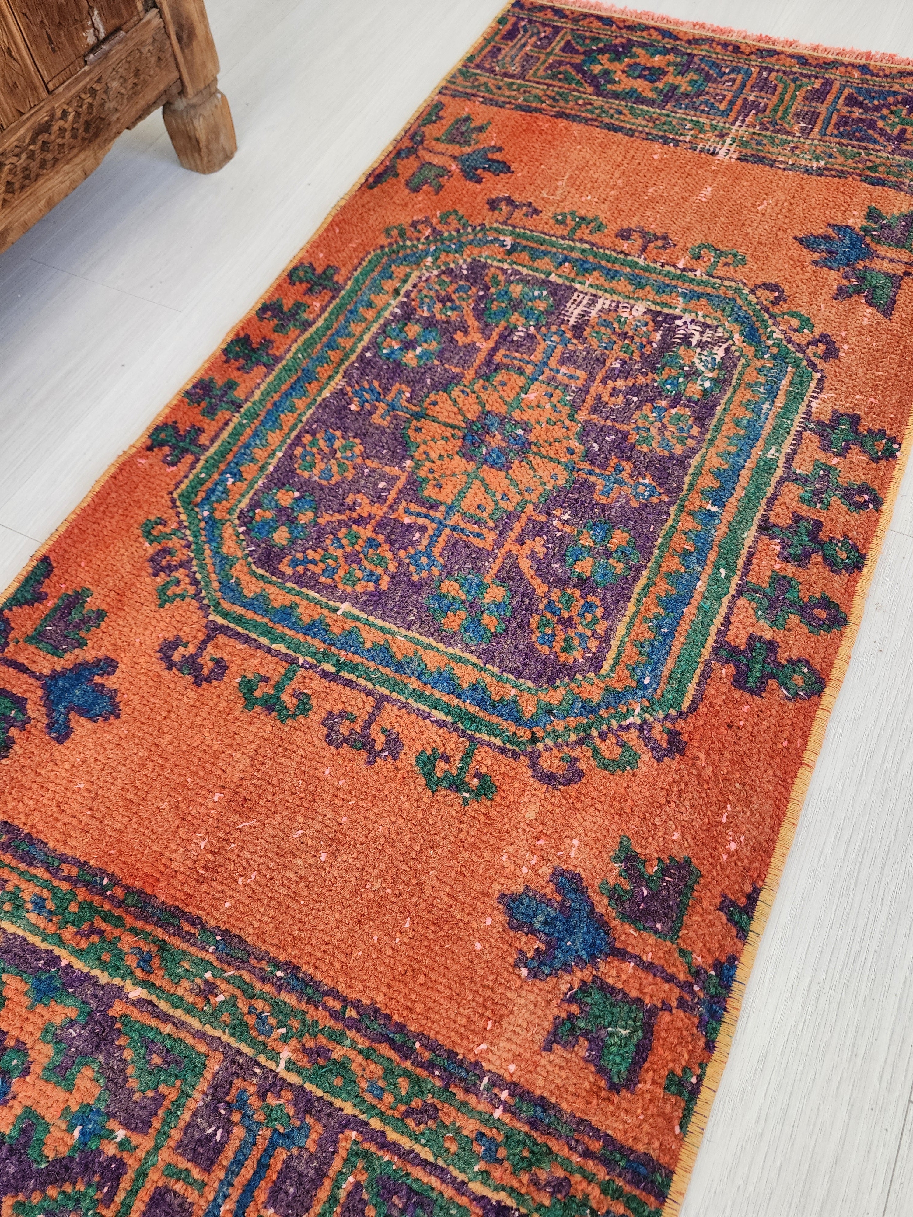Small Turkish Rug, 4 ft 3 in x 2 ft, Apricot Orange and Teal Green Vintage Faded Distressed Door Mat