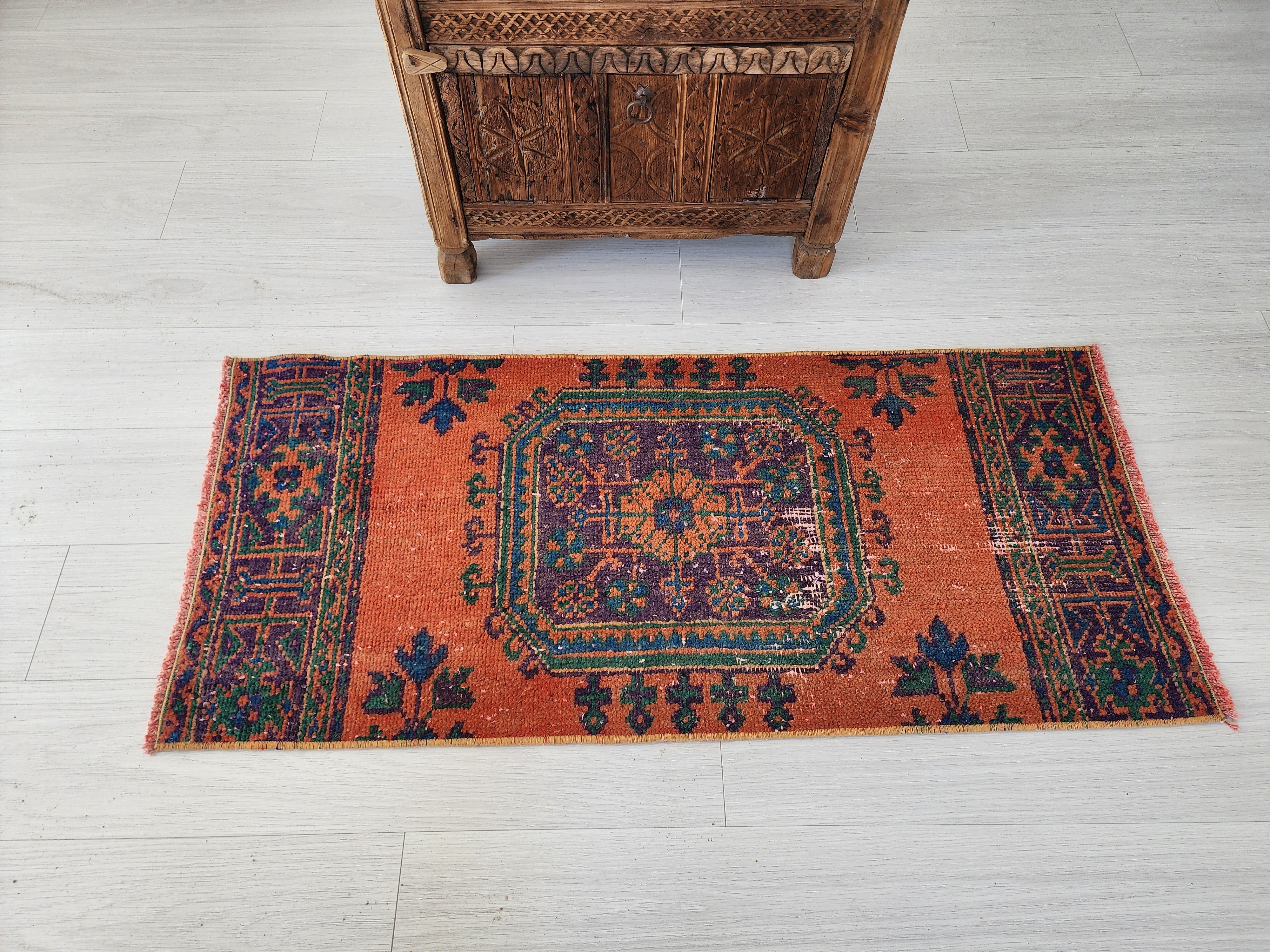 Small Turkish Rug, 4 ft 3 in x 2 ft, Apricot Orange and Teal Green Vintage Faded Distressed Door Mat