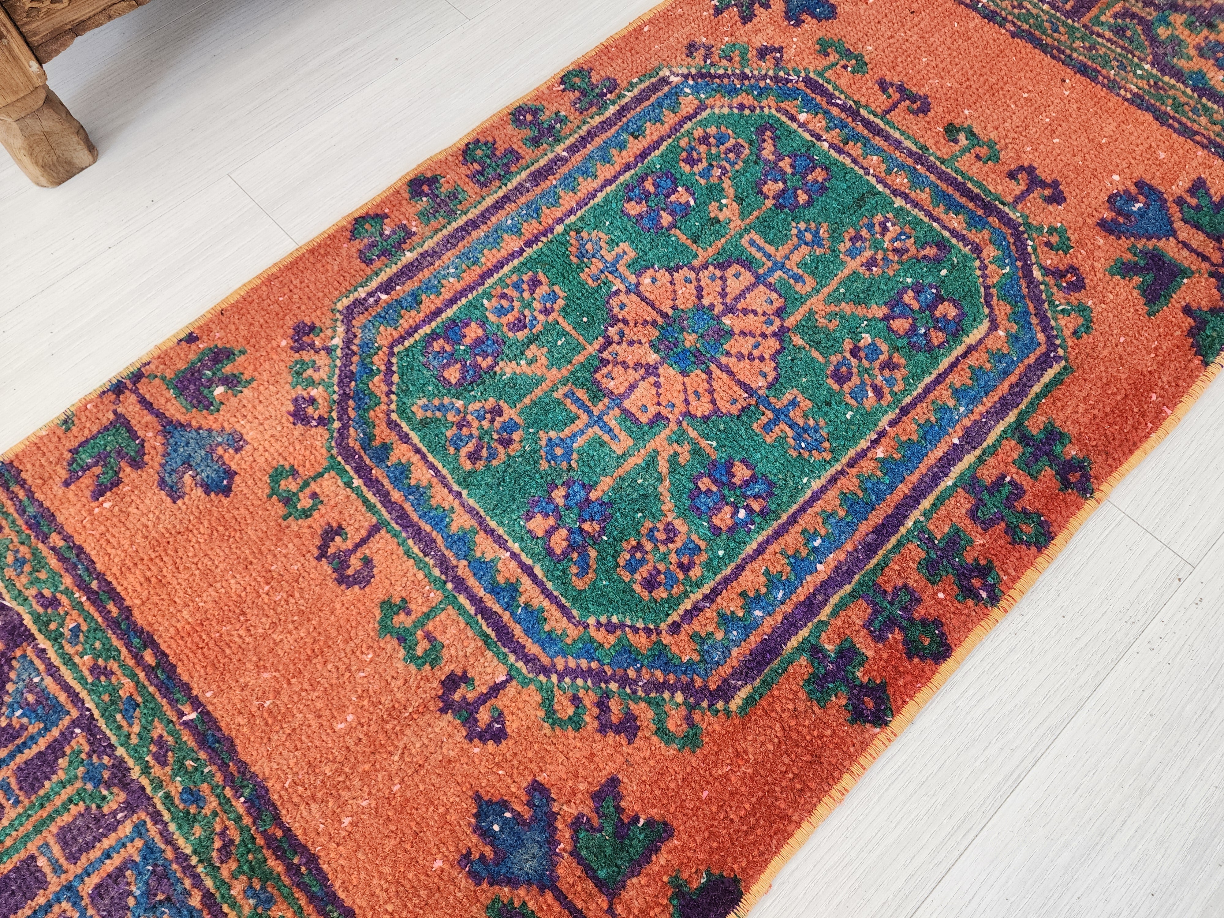 Small Turkish Rug, 4 ft 3 in x 1 ft 9 in, Apricot Orange and Teal Green Vintage Faded Distressed Door Mat