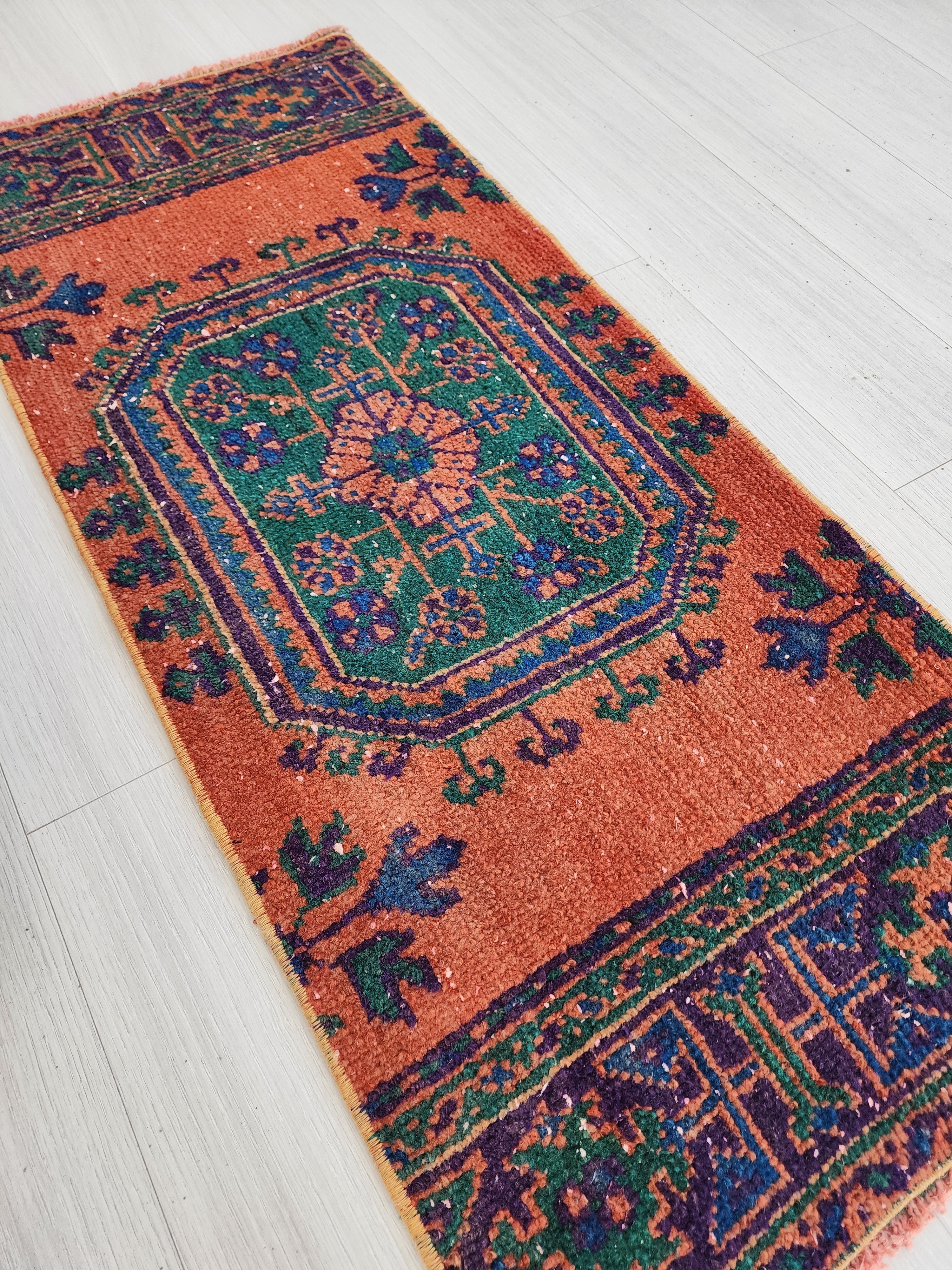 Small Turkish Rug, 4 ft 3 in x 1 ft 9 in, Apricot Orange and Teal Green Vintage Faded Distressed Door Mat