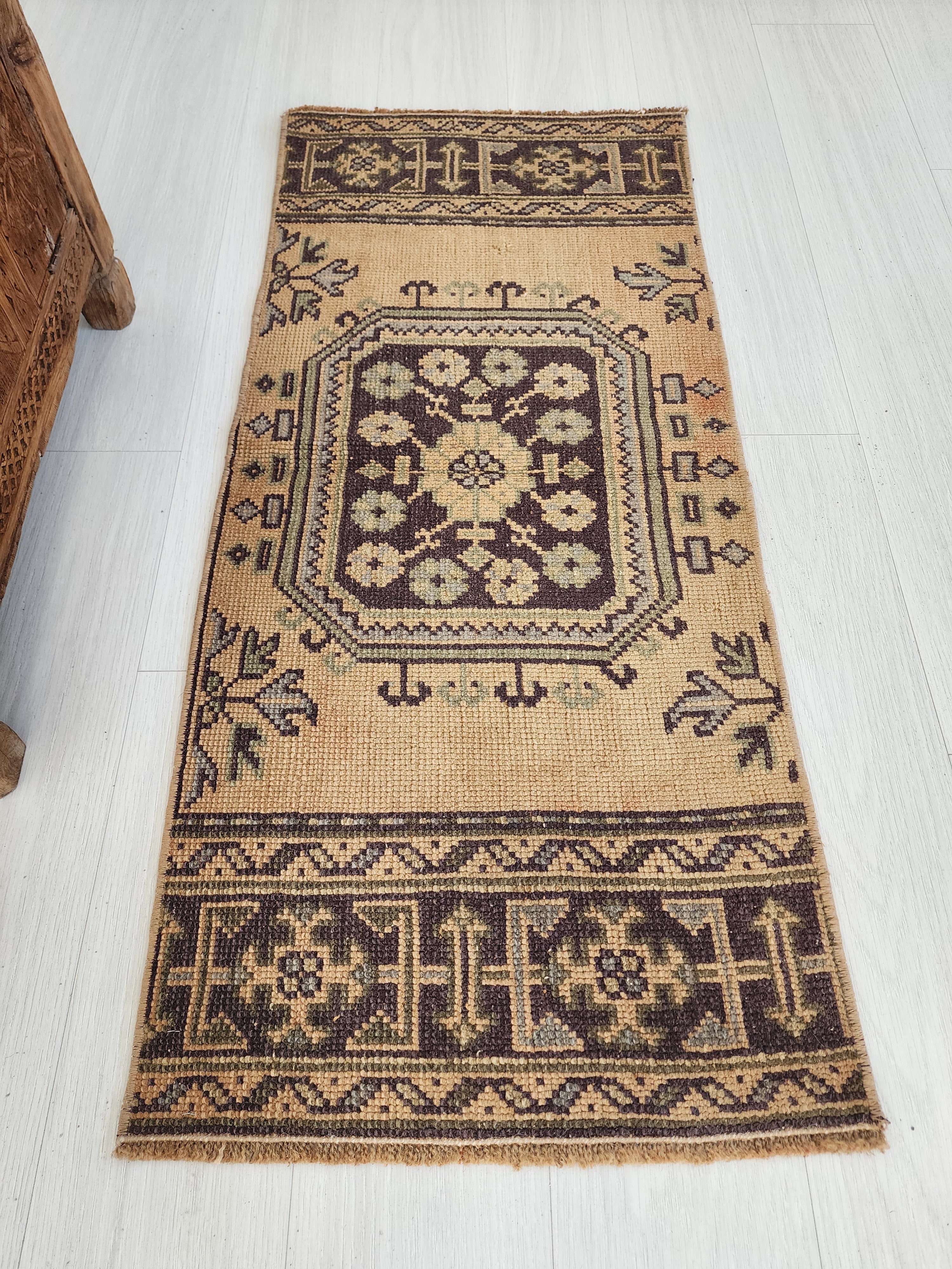 Small Turkish Rug, 4 ft 2 in x 1 ft 9 in, Apricot Orange and Teal Green Vintage Faded Distressed Door Mat