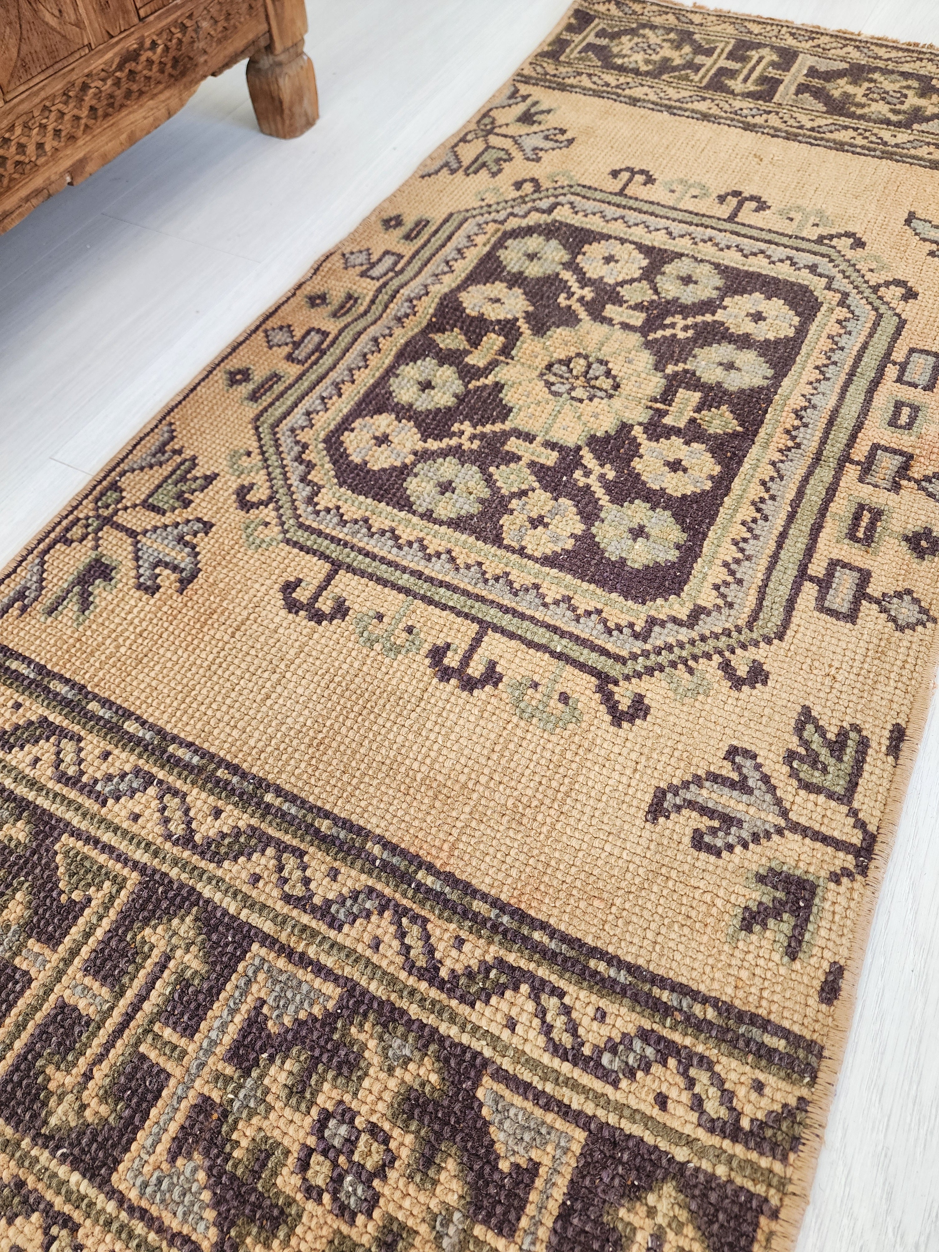 Small Turkish Rug, 4 ft 2 in x 1 ft 9 in, Apricot Orange and Teal Green Vintage Faded Distressed Door Mat