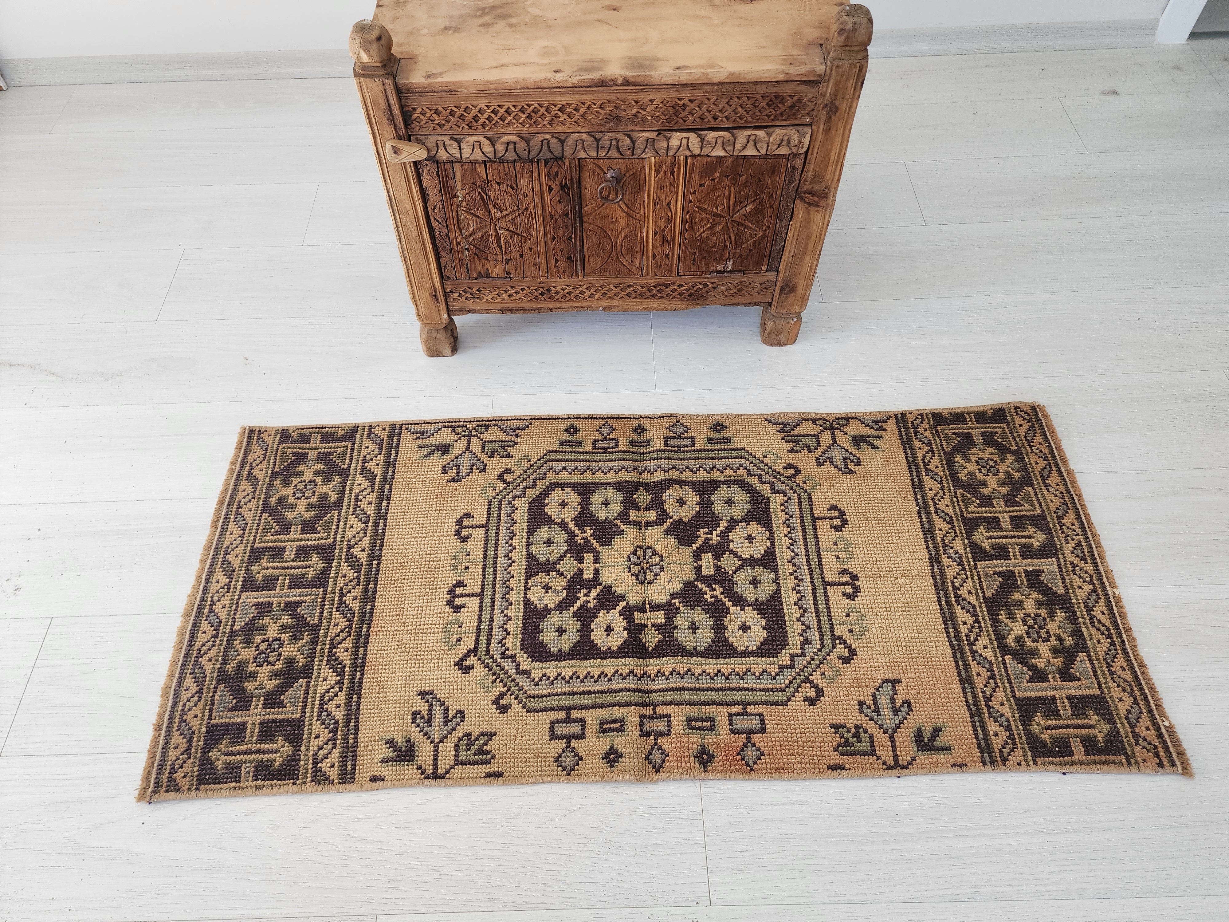 Small Turkish Rug, 4 ft 2 in x 1 ft 9 in, Apricot Orange and Teal Green Vintage Faded Distressed Door Mat
