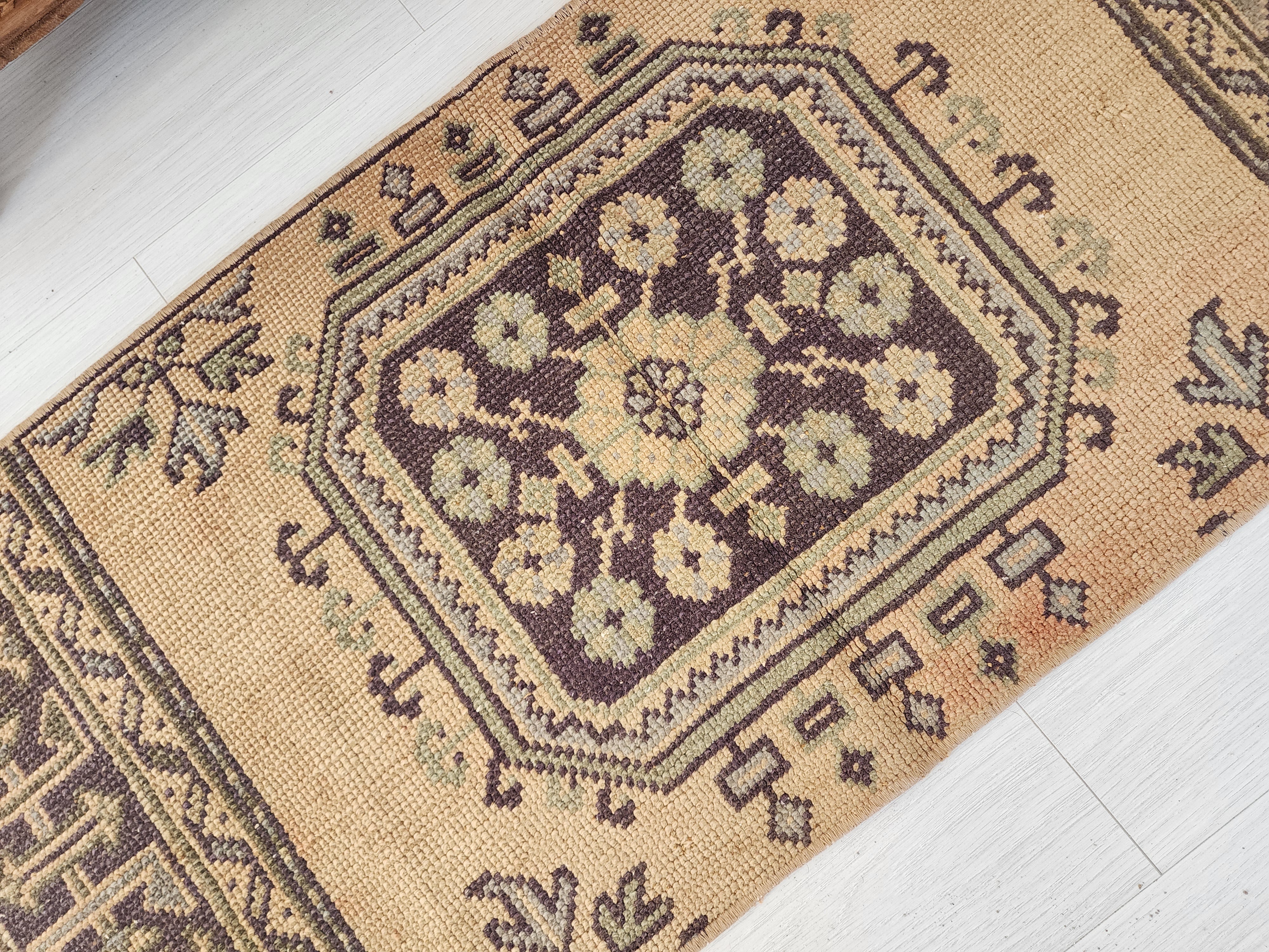 Small Turkish Rug, 4 ft 2 in x 1 ft 9 in, Apricot Orange and Teal Green Vintage Faded Distressed Door Mat