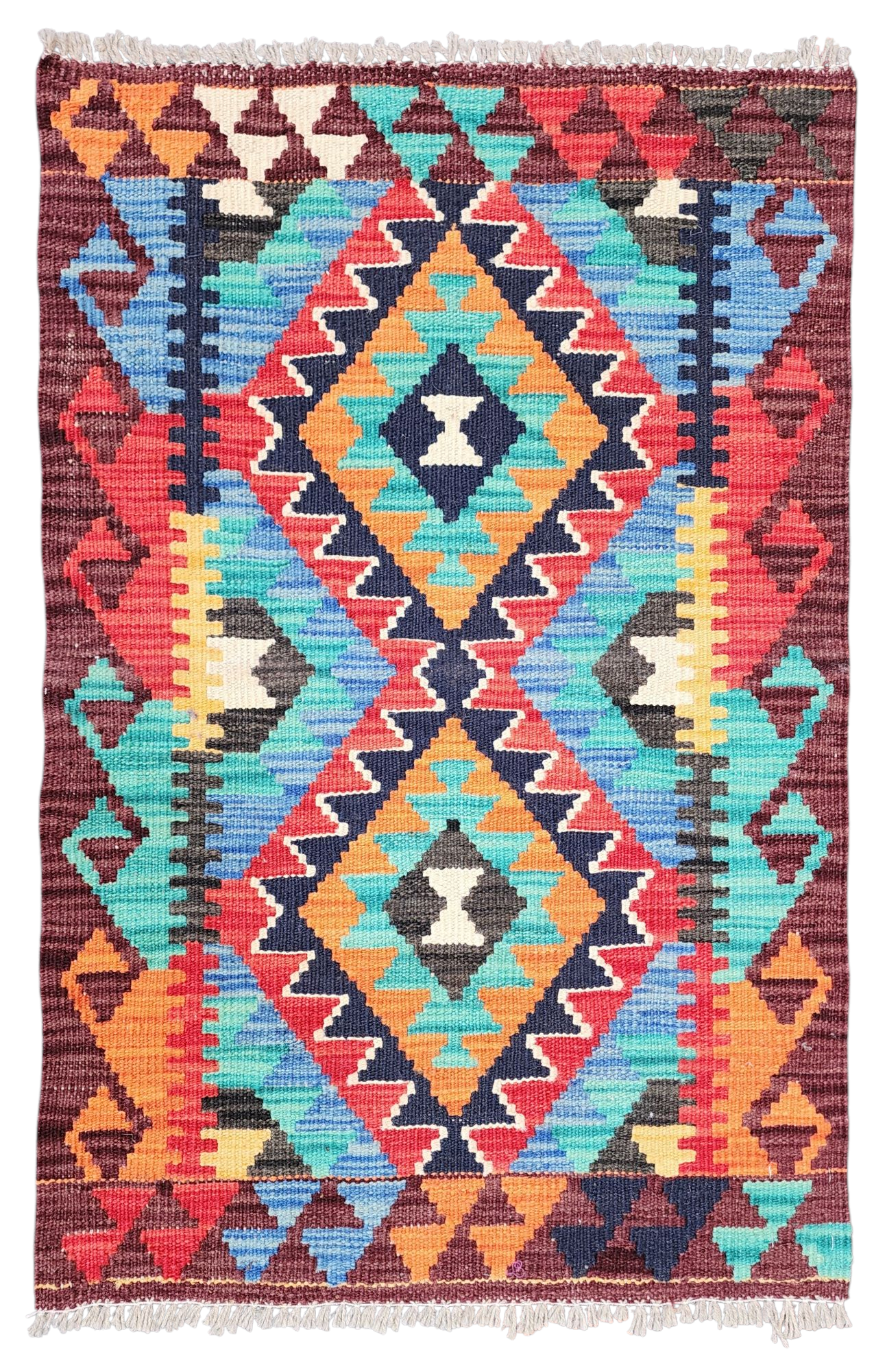 Afghan Kilim Rug, 2 ft 10 in x 3 ft 1 in Blue and Red and Orange Kilim Rug