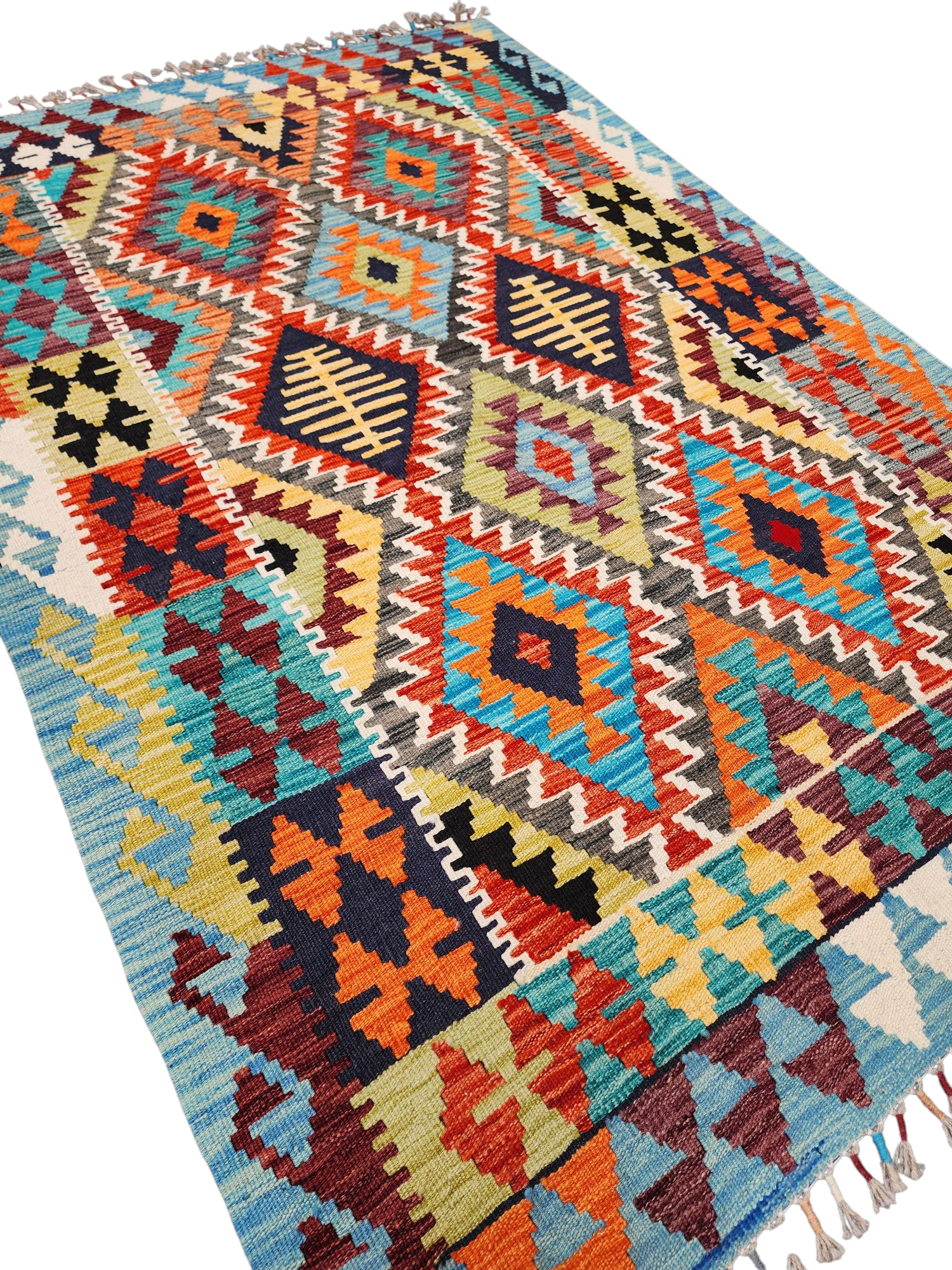 Kilim Rug, 4x6 ft Blue Red, Orange Turkish Carpet Moroccan Rug,