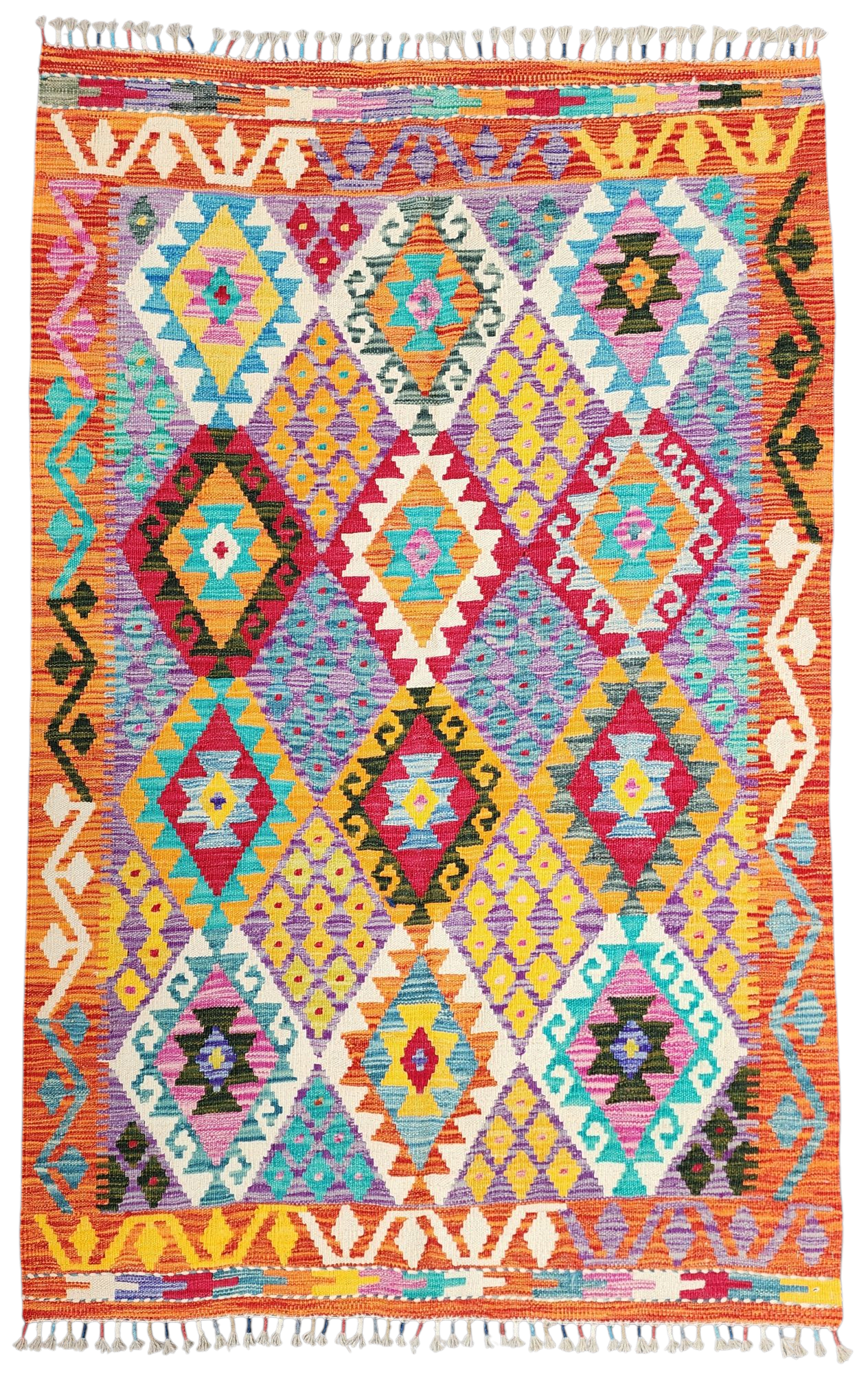 Afghan Maimana Kilim Rug, 6 x 4 ft Orange Blue, Purple Turkish Southwest Aztec Boho Rustic Rug