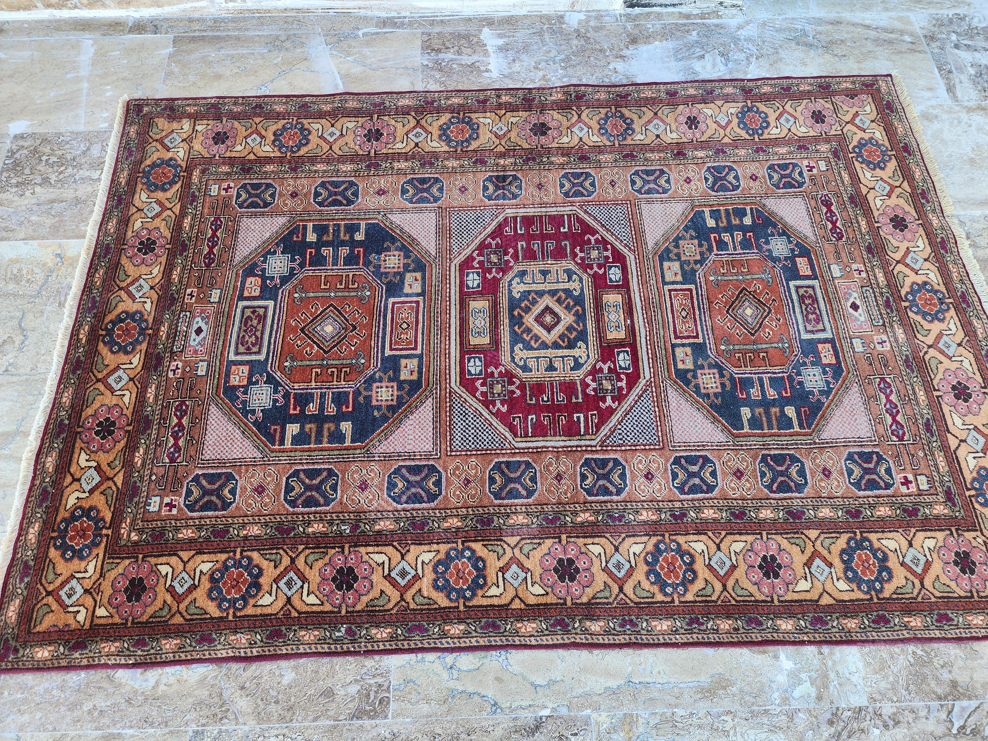 Armenian Rug Kayseri Turkey, Bohemian Handmade Organic Wool Rug, Rustic Decor Living Room Rug, Oriental Design Rug Persian Area 5'7"x4'0"