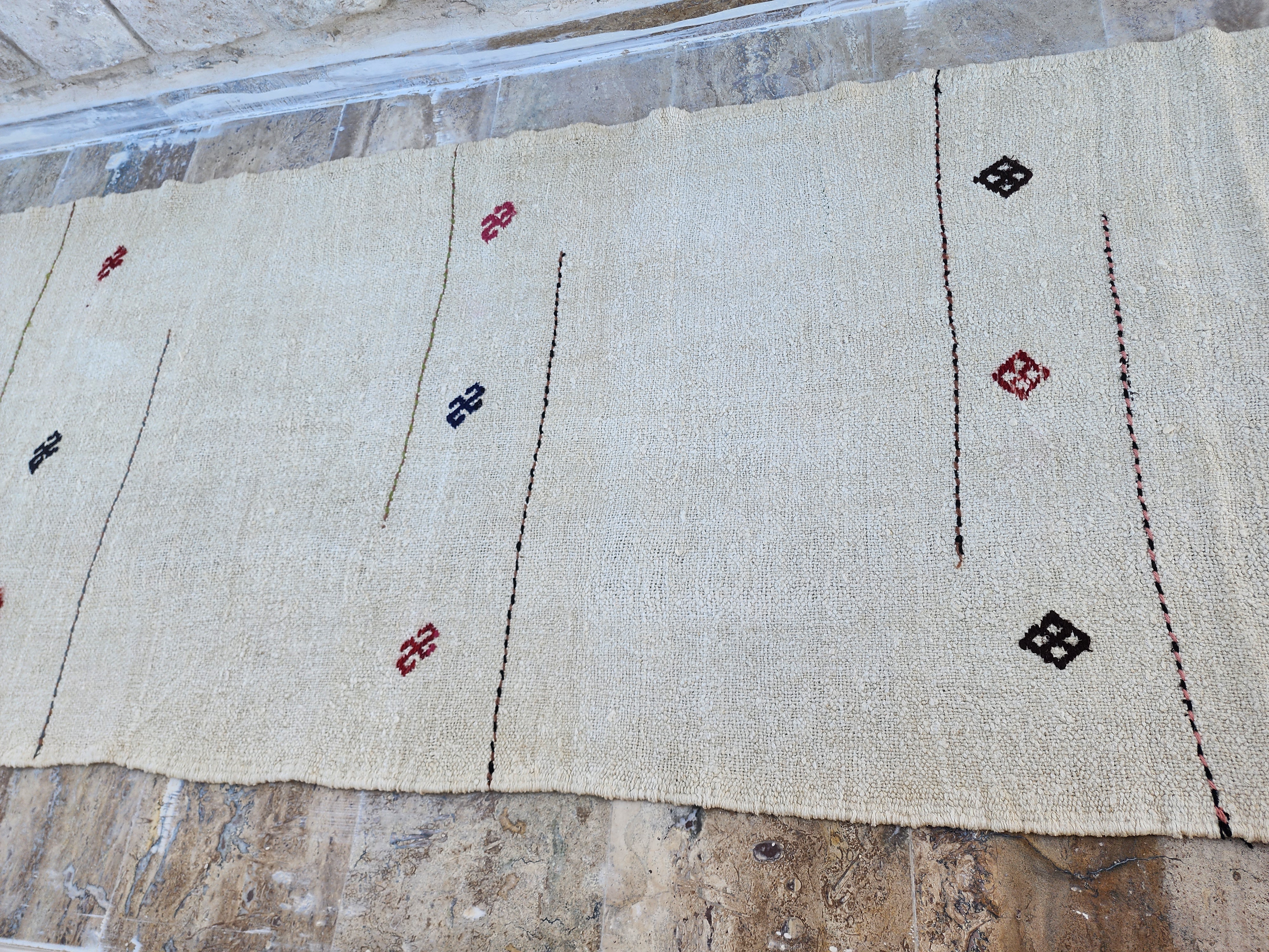 Anatolian Kilim Runner Rug 8'8''x3'2'' Minimalist 100% Natural Hemp Floor Covering, Moroccan Berber Style Handmade Wool Boho Rustic Rug