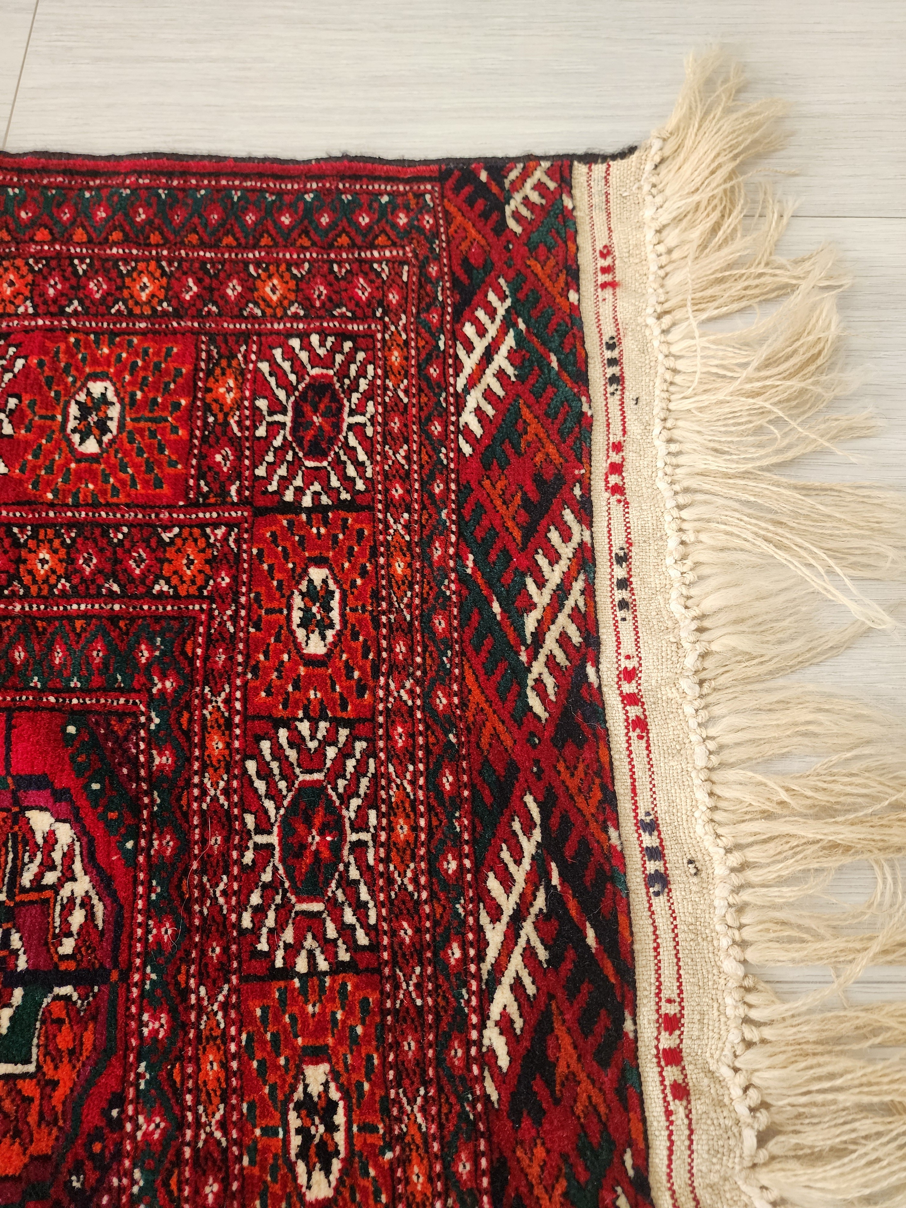 Handmade Turkoman Wool Rug: 4x7 Red Turcoman Area Rug