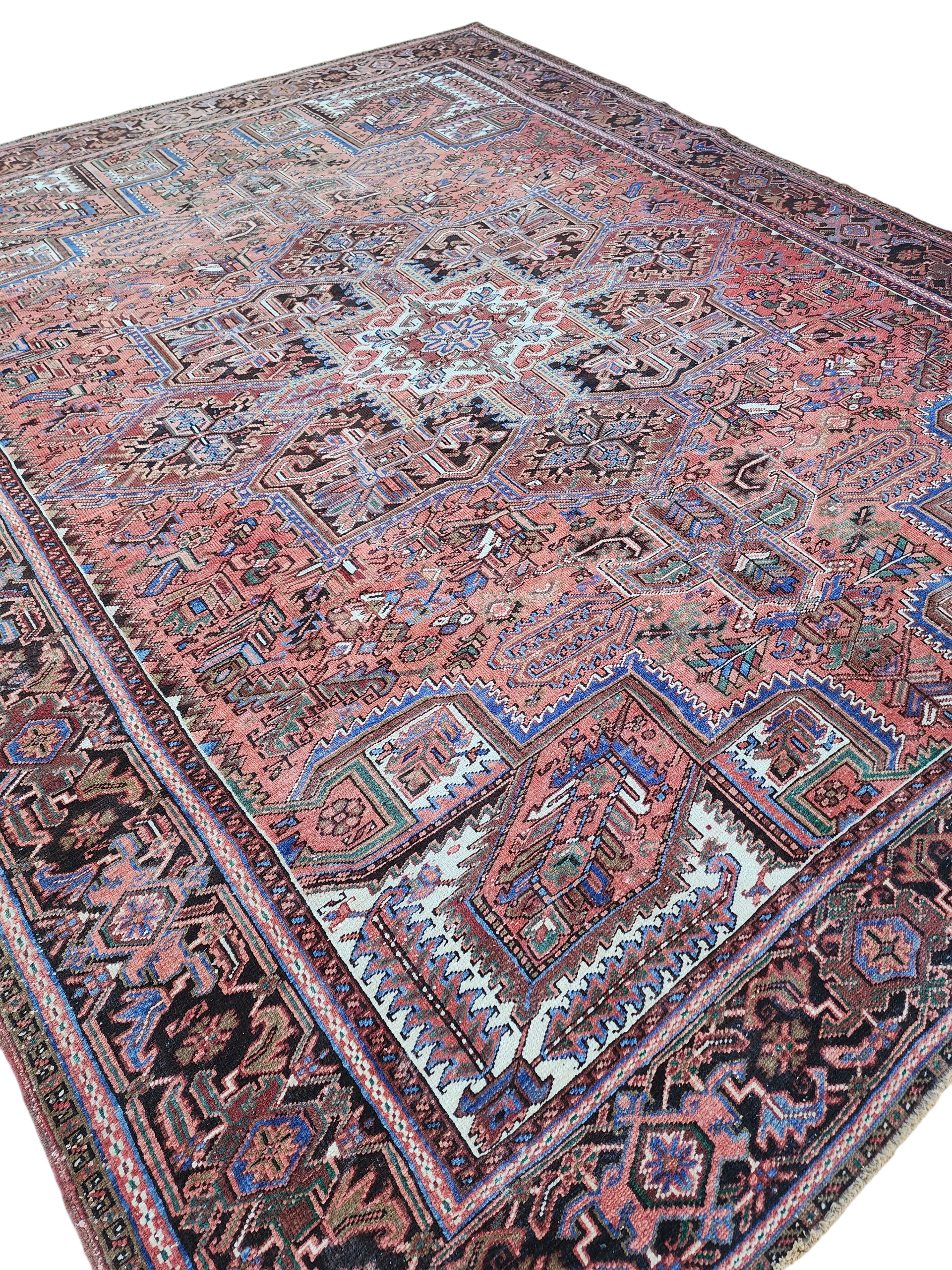 Grand tapis persan rouge, tapis oriental surdimensionné bleu rouge fait main 12'5''x 9'9''
