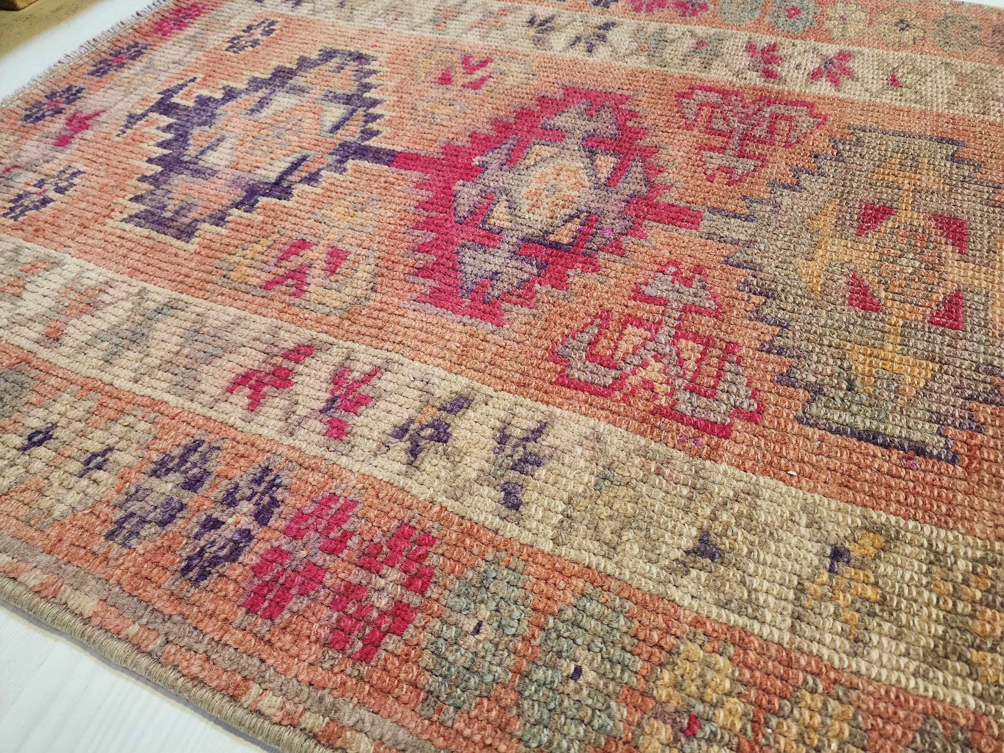 Pale Turkish Oushak Hallway Runner Rug, Bohemian Rustic Decor Distressed Muted Color Rug, Handmade Natural Wool Persian Area Rug 13’8”*2’5”