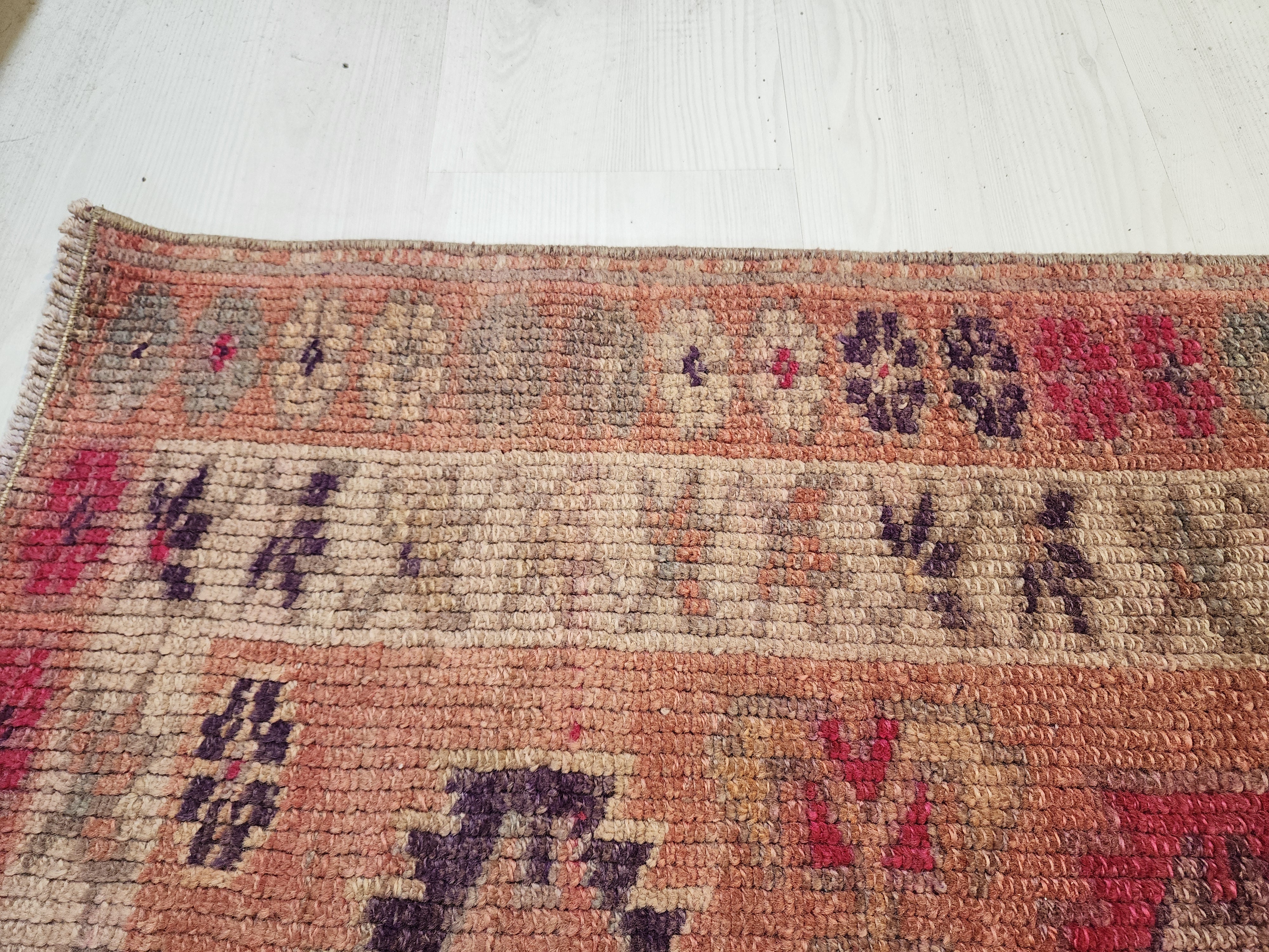 Pale Turkish Oushak Hallway Runner Rug, Bohemian Rustic Decor Distressed Muted Color Rug, Handmade Natural Wool Persian Area Rug 13’8”*2’5”