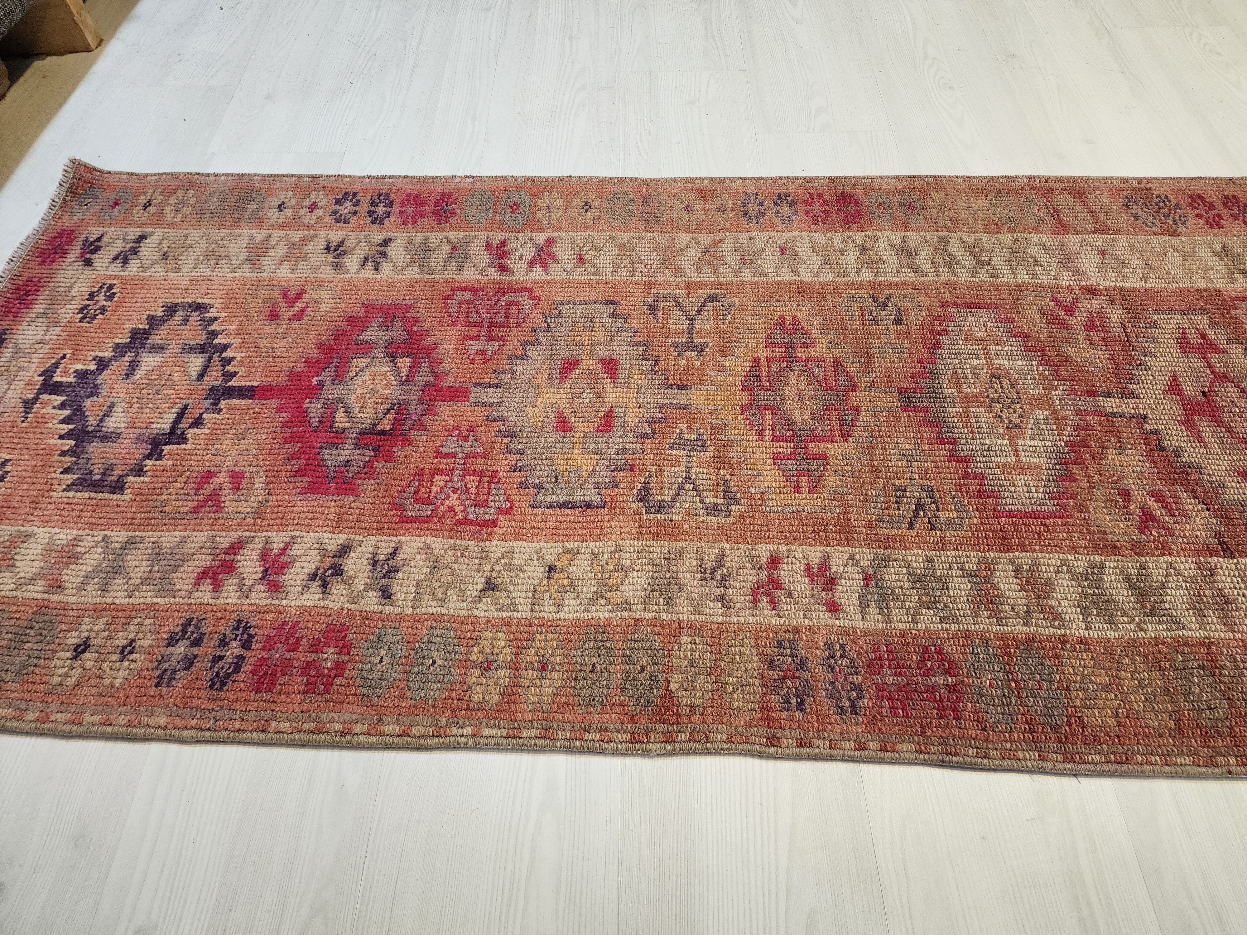 Pale Turkish Oushak Hallway Runner Rug, Bohemian Rustic Decor Distressed Muted Color Rug, Handmade Natural Wool Persian Area Rug 13’8”*2’5”