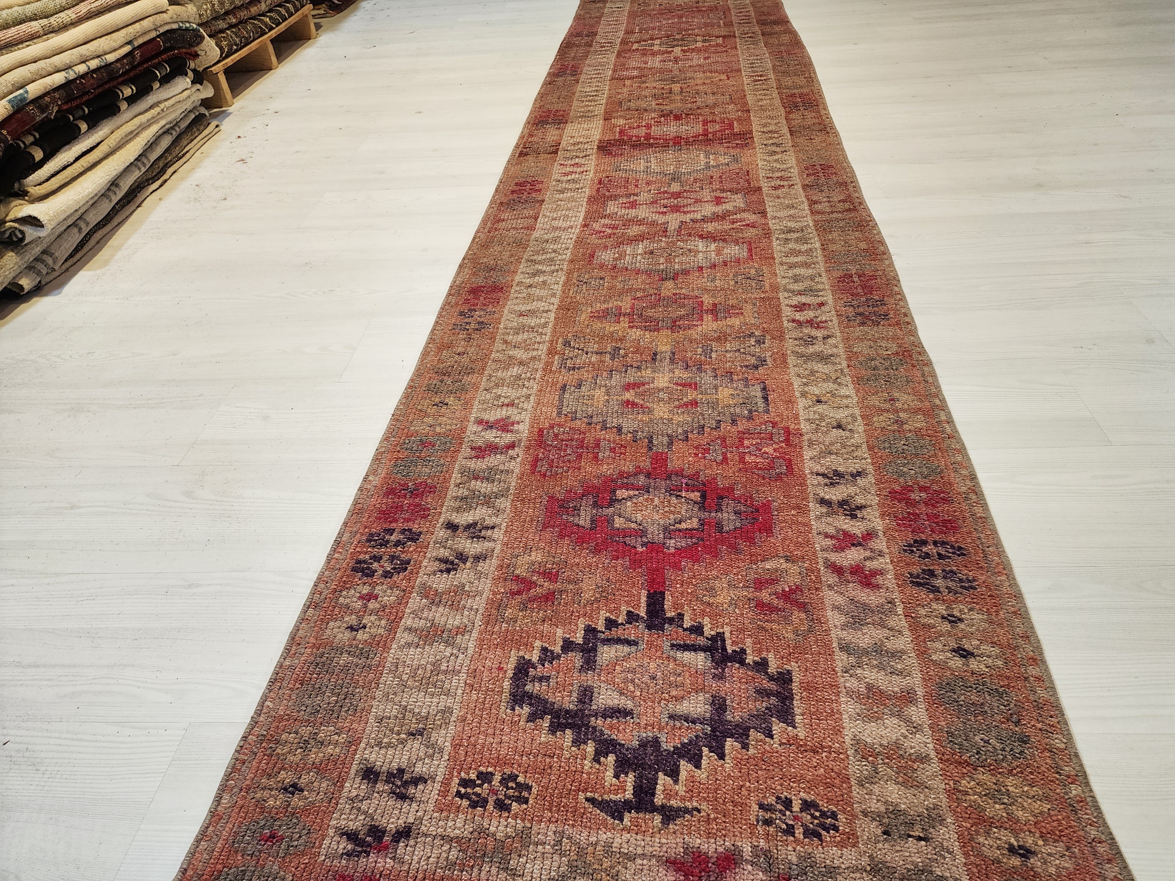 Pale Turkish Oushak Hallway Runner Rug, Bohemian Rustic Decor Distressed Muted Color Rug, Handmade Natural Wool Persian Area Rug 13’8”*2’5”