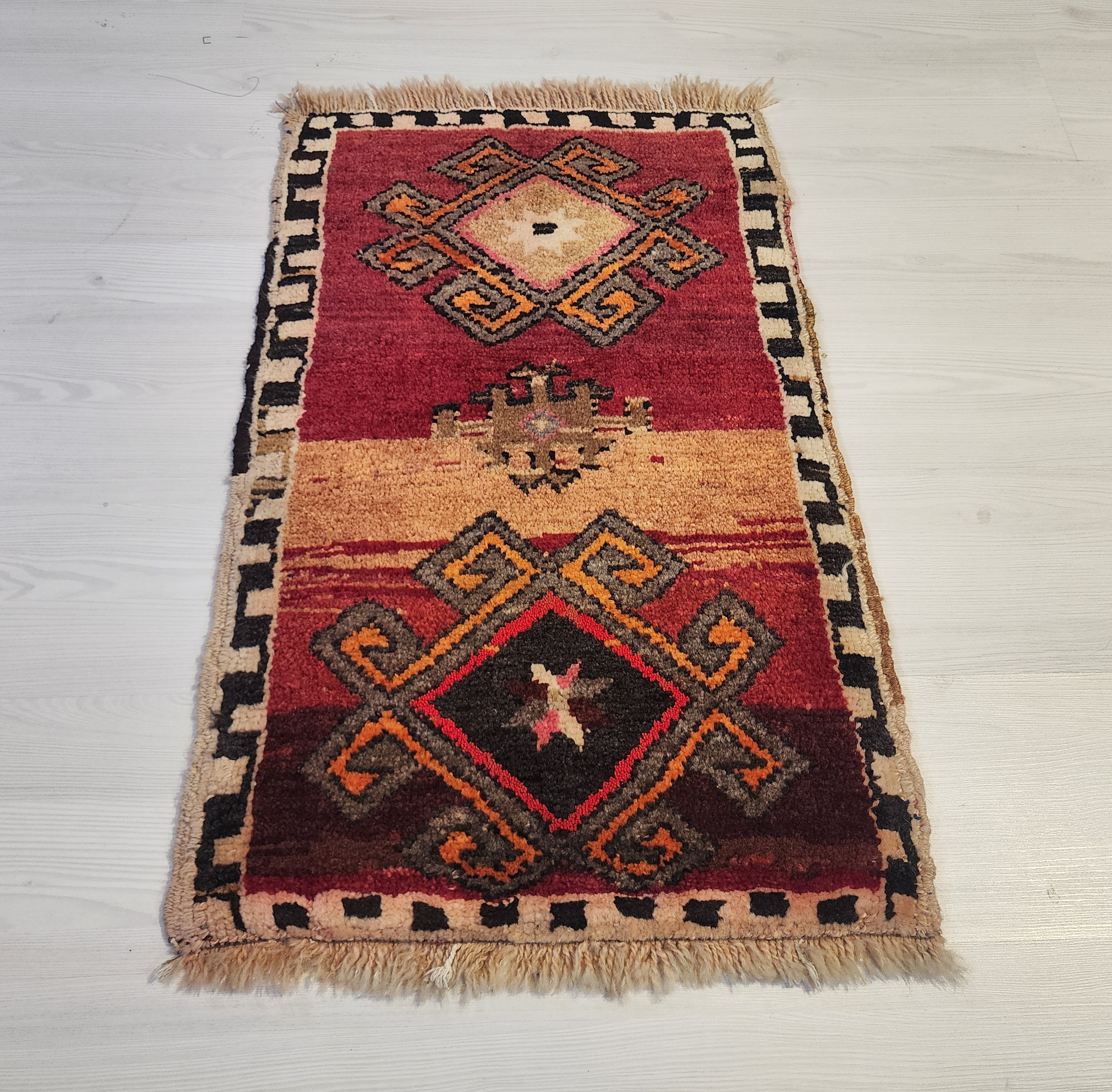 Vintage Kars Yastik Rug, Small Handmade Anatolian Wool Accent Mat, Red Brown Geometric