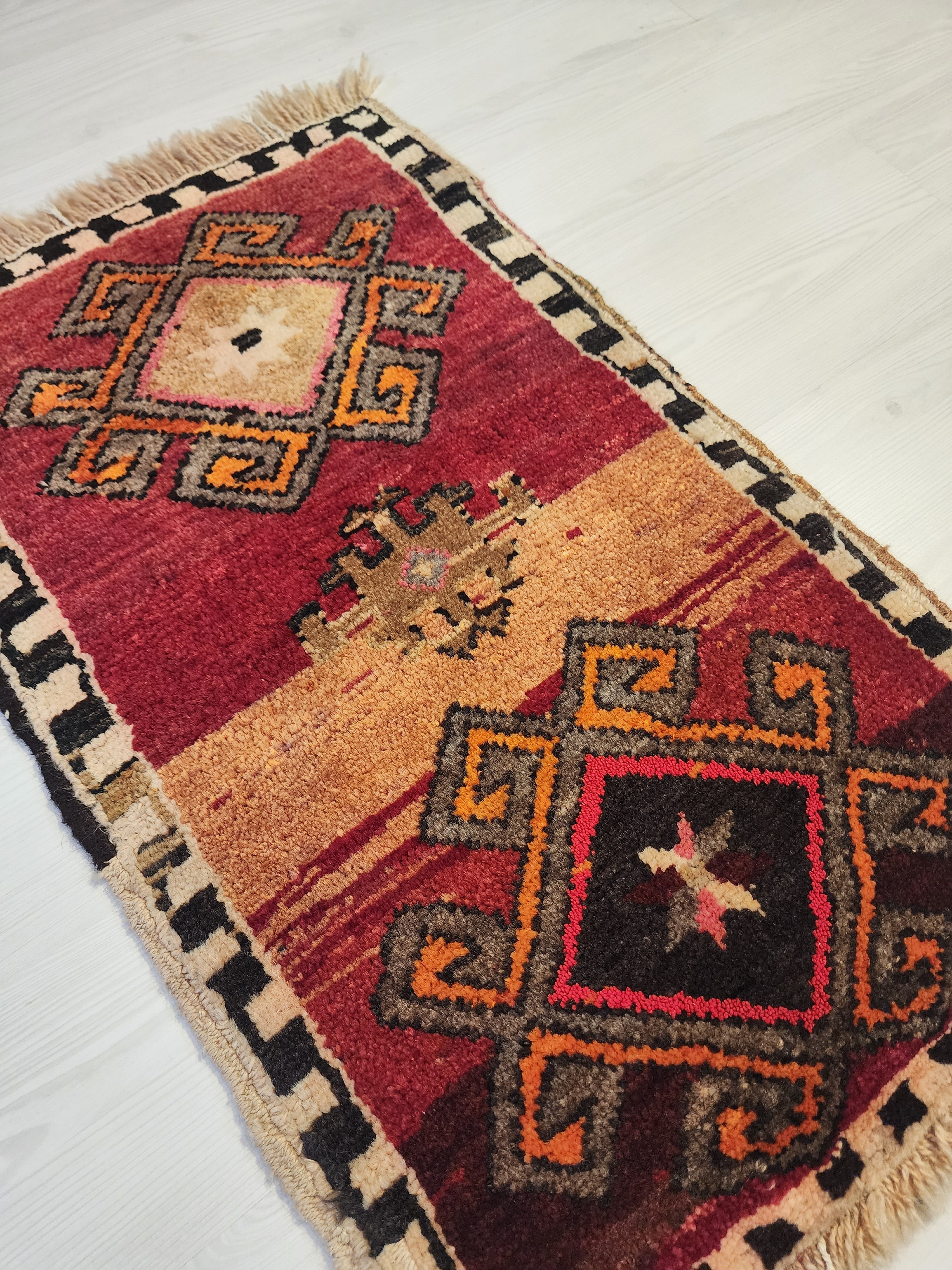 Vintage Kars Yastik Rug, Small Handmade Anatolian Wool Accent Mat, Red Brown Geometric