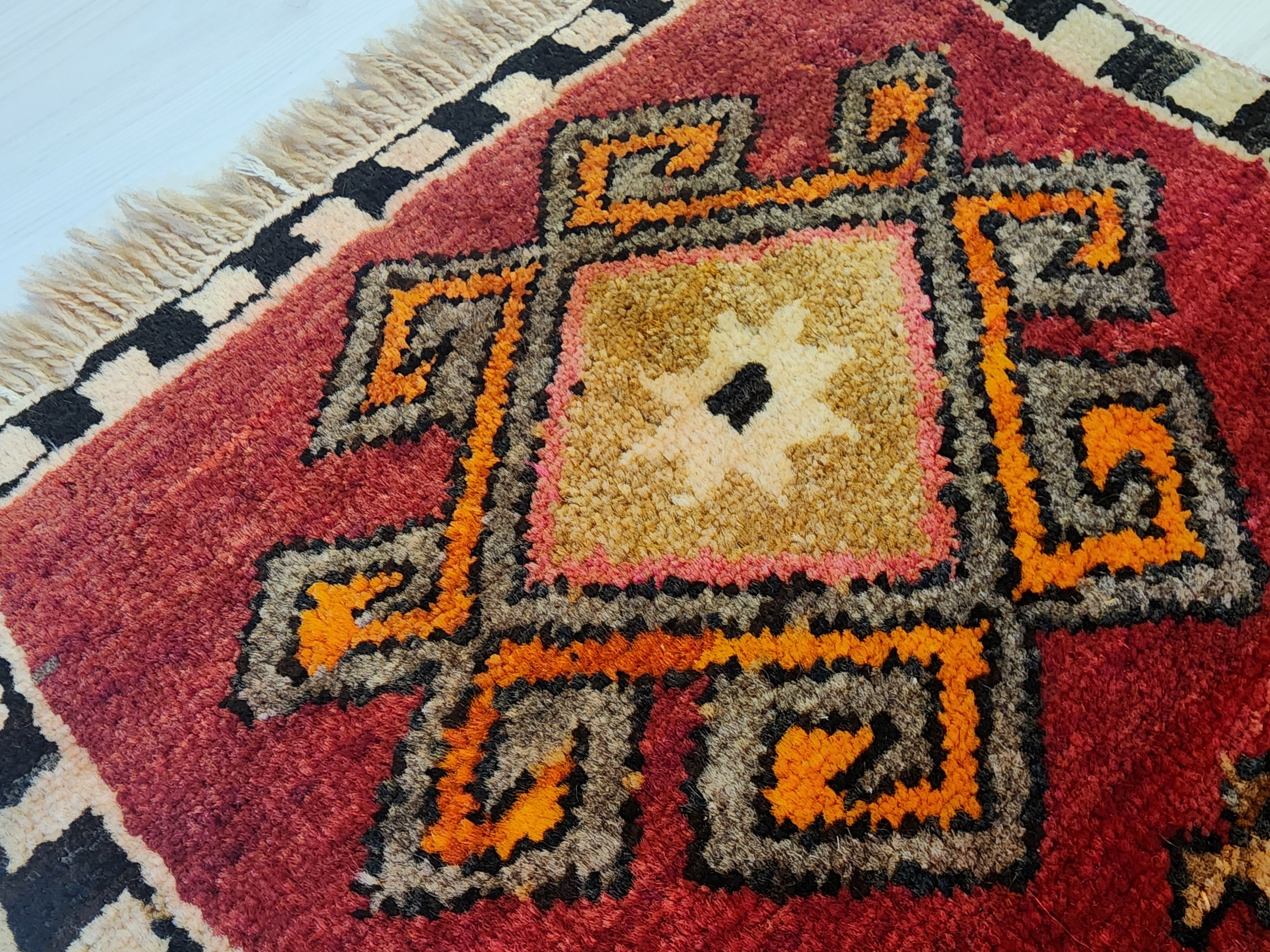 Vintage Kars Yastik Rug, Small Handmade Anatolian Wool Accent Mat, Red Brown Geometric