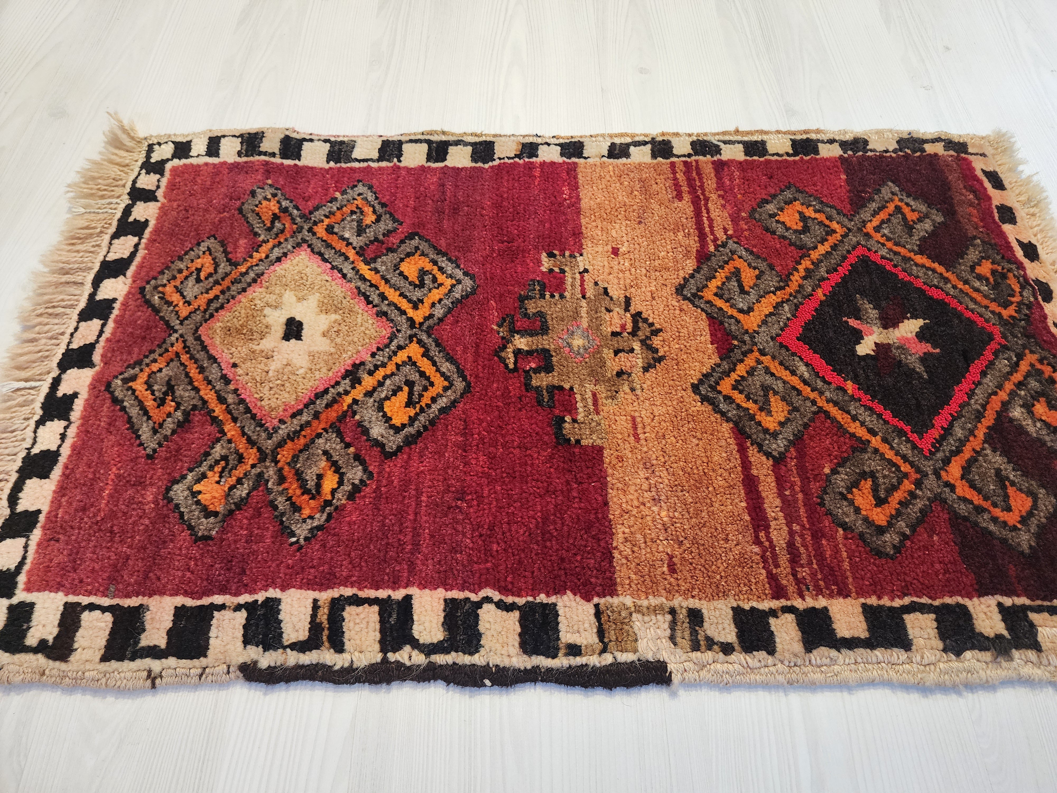 Vintage Kars Yastik Rug, Small Handmade Anatolian Wool Accent Mat, Red Brown Geometric