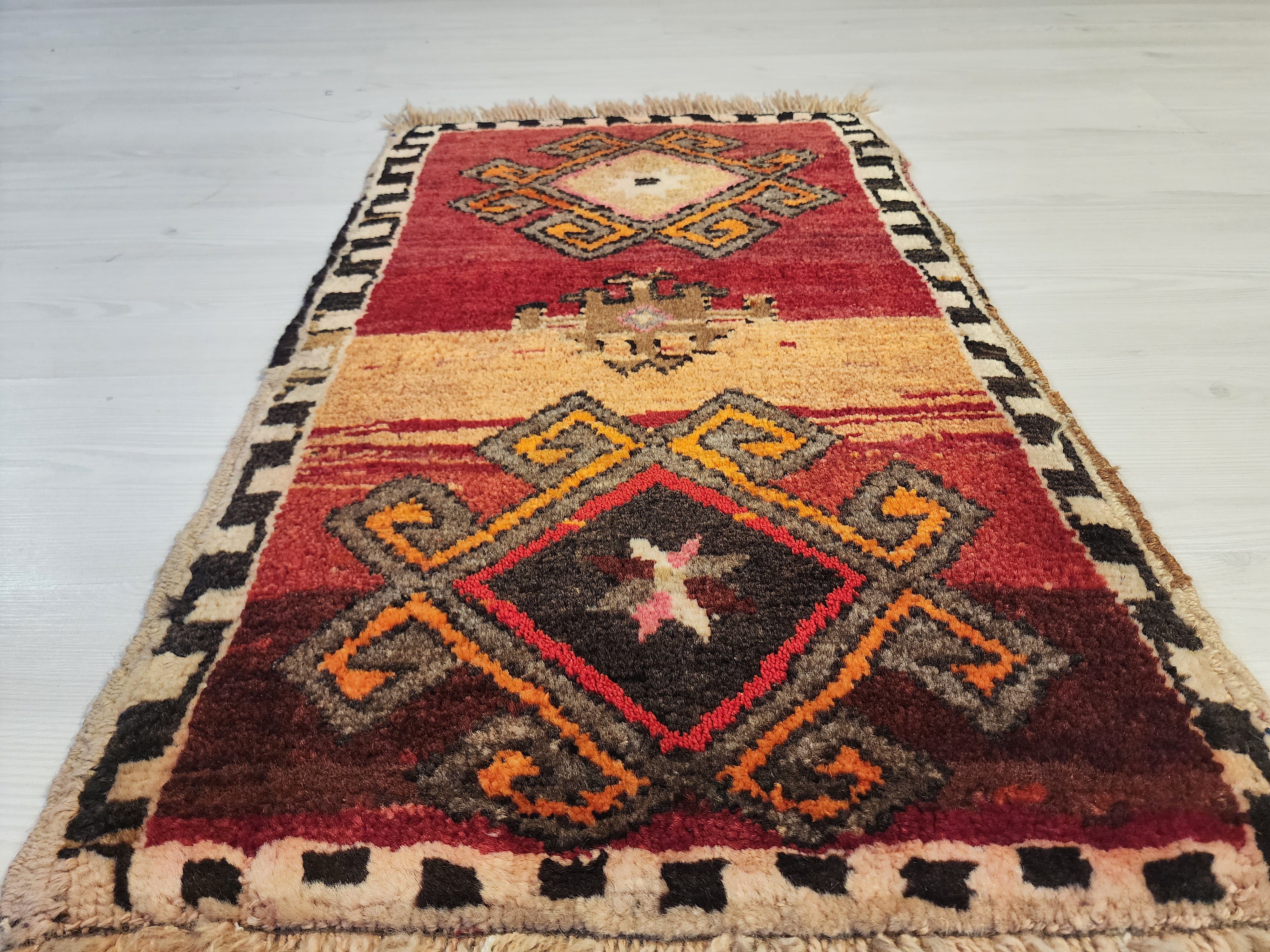 Vintage Kars Yastik Rug, Small Handmade Anatolian Wool Accent Mat, Red Brown Geometric