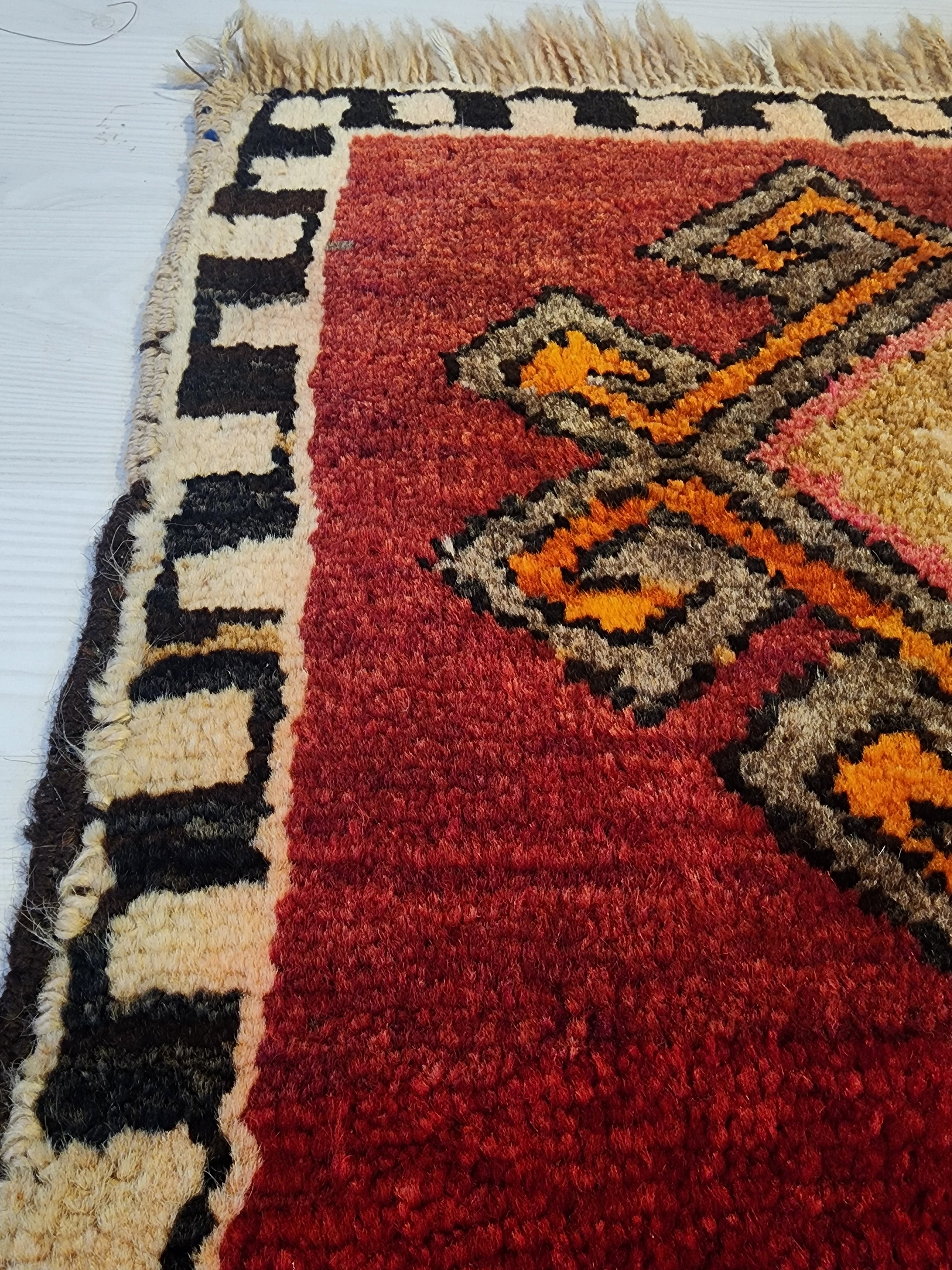 Vintage Kars Yastik Rug, Small Handmade Anatolian Wool Accent Mat, Red Brown Geometric