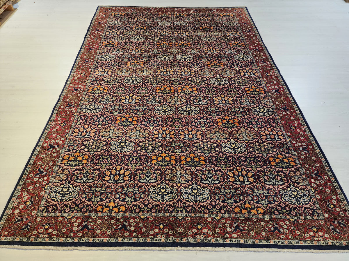 Vintage Hereke Wool Rug, Hand-Knotted Floral Carpet, Blue Red Ottoman Design