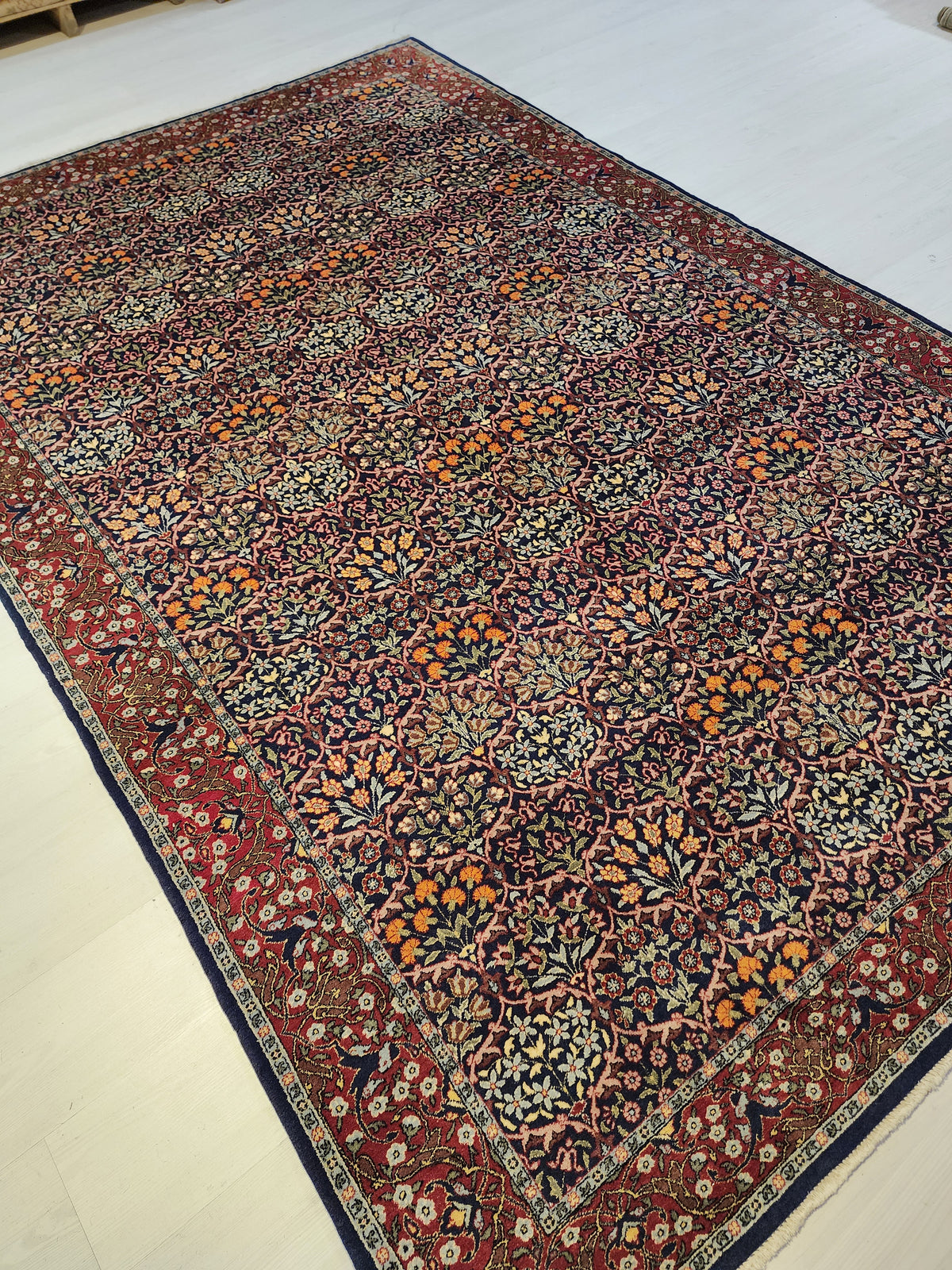 Vintage Hereke Wool Rug, Hand-Knotted Floral Carpet, Blue Red Ottoman Design
