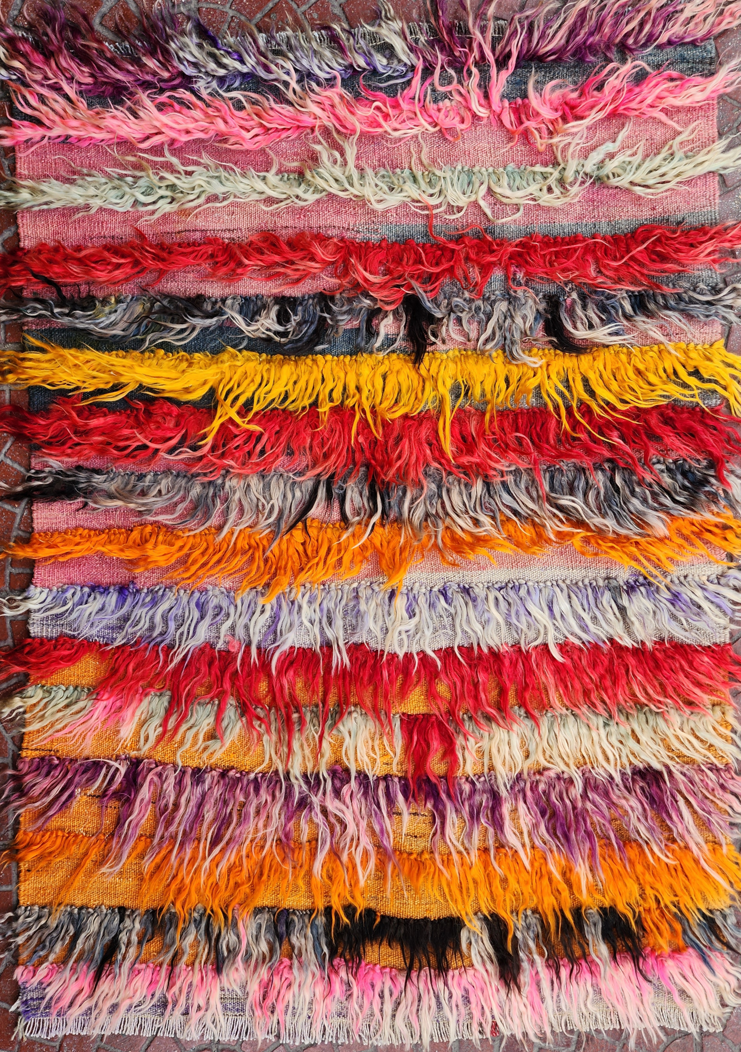ORANGE AND PINK TURKISH FILIKLI TULU SHAGGY PILE RUG 3'8'' x 2'8''