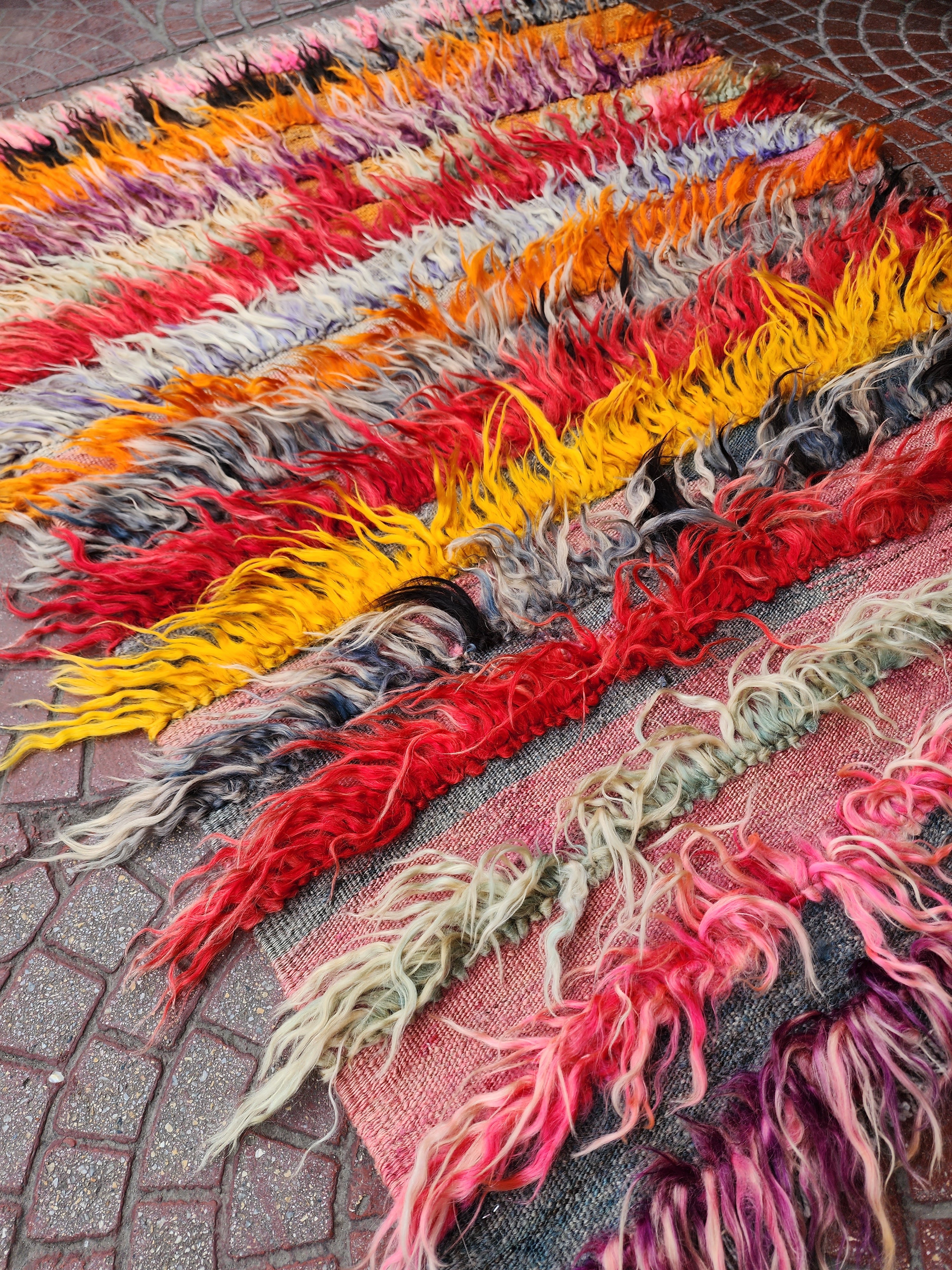 ORANGE AND PINK TURKISH FILIKLI TULU SHAGGY PILE RUG 3'8'' x 2'8''