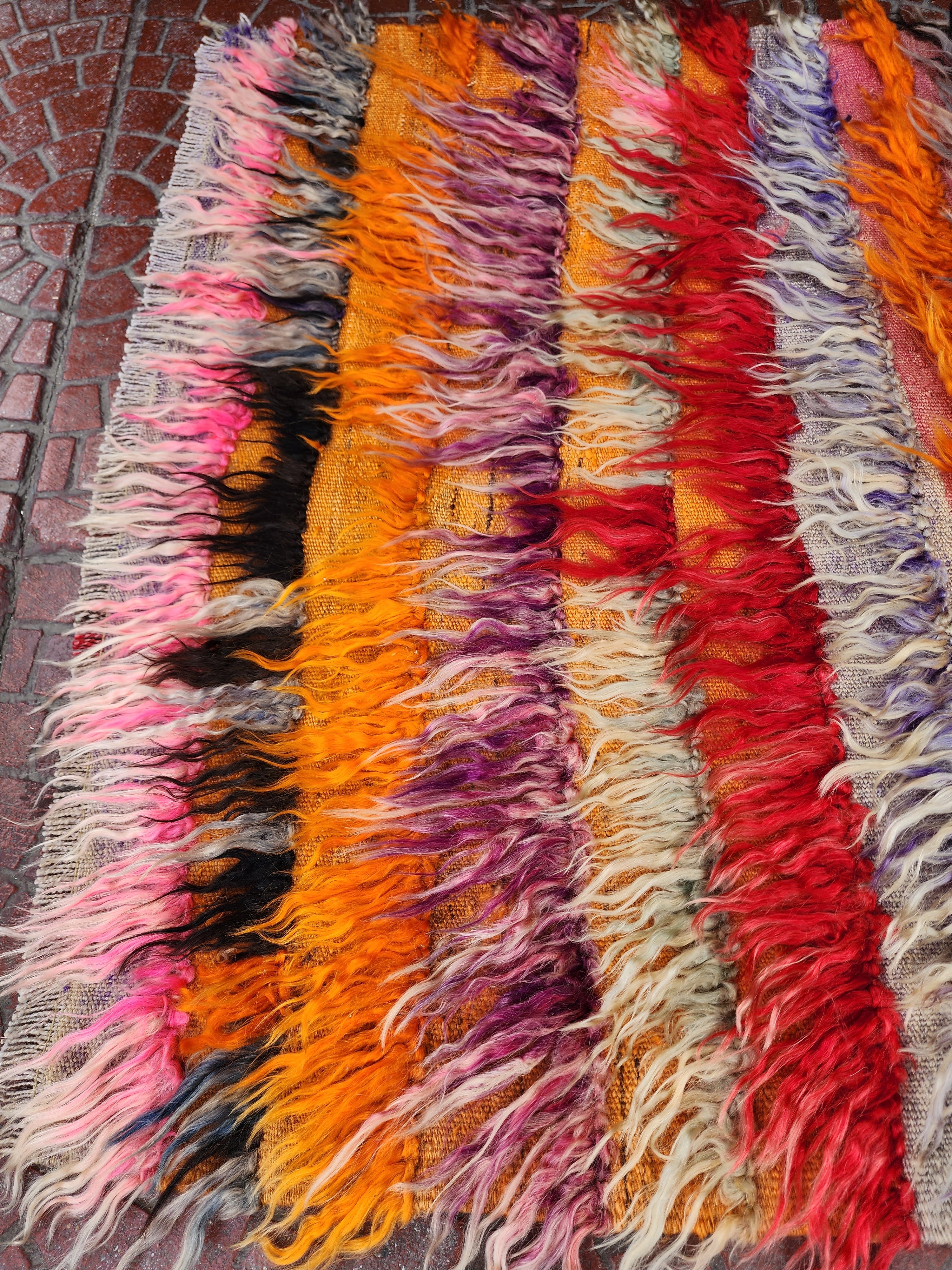 ORANGE AND PINK TURKISH FILIKLI TULU SHAGGY PILE RUG 3'8'' x 2'8''