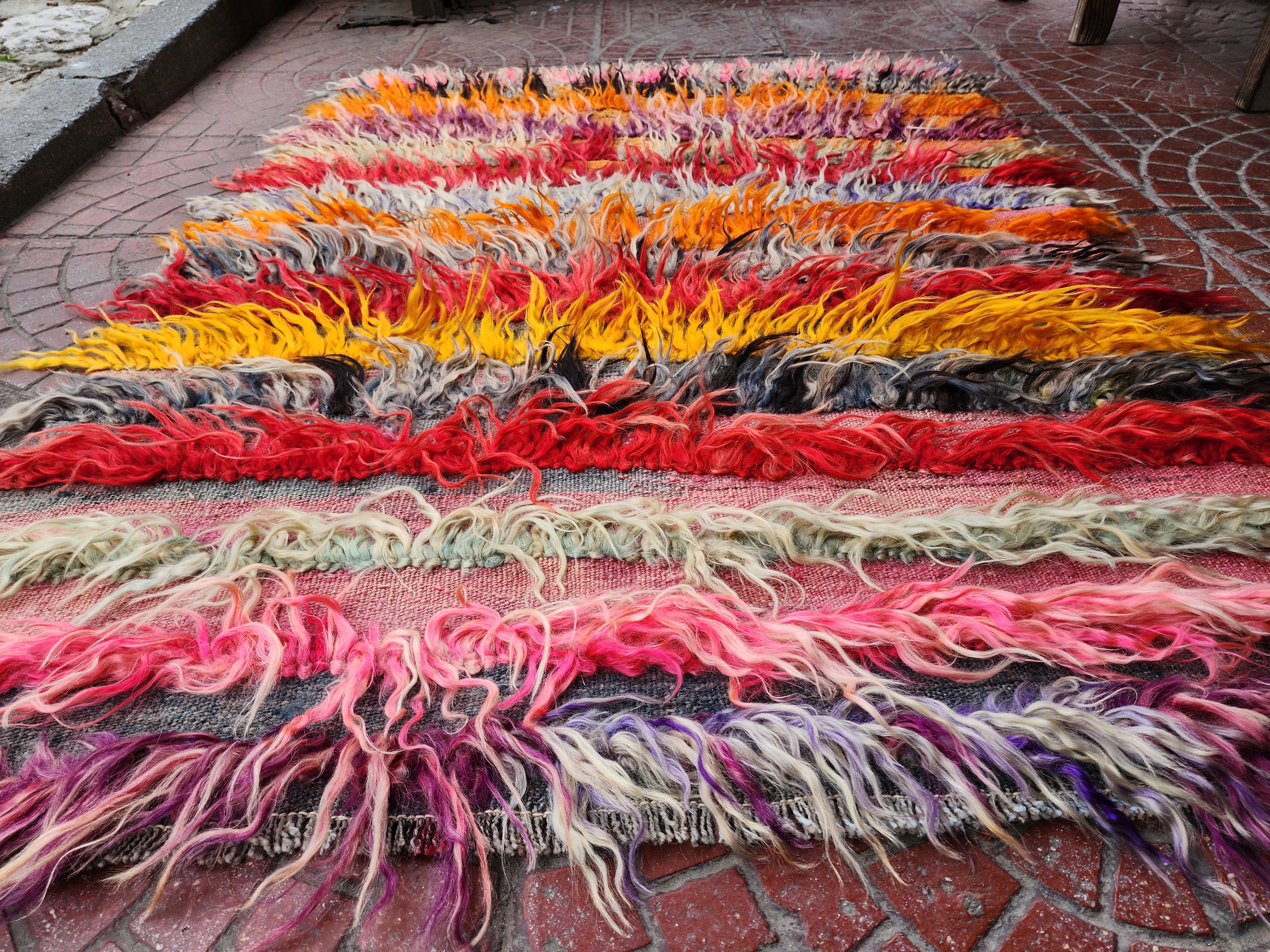 ORANGE AND PINK TURKISH FILIKLI TULU SHAGGY PILE RUG 3'8'' x 2'8''