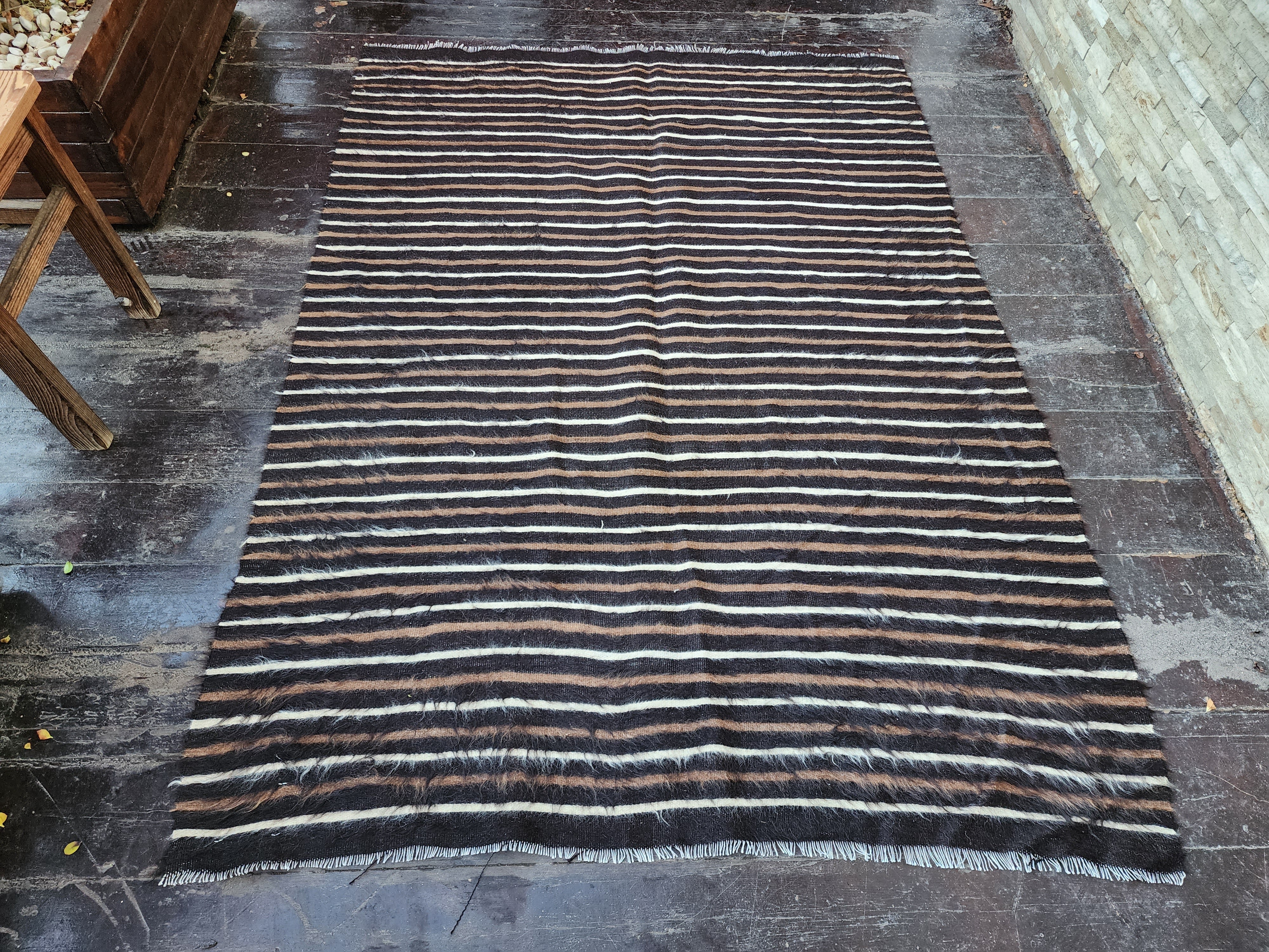 Alfombra turca vintage de angora, alfombra kilim marrón, decoración del hogar bohemia, alfombra kilim rústica, alfombra de lana orgánica hecha a mano bohemia, 5'8'' x 4'3'' ft