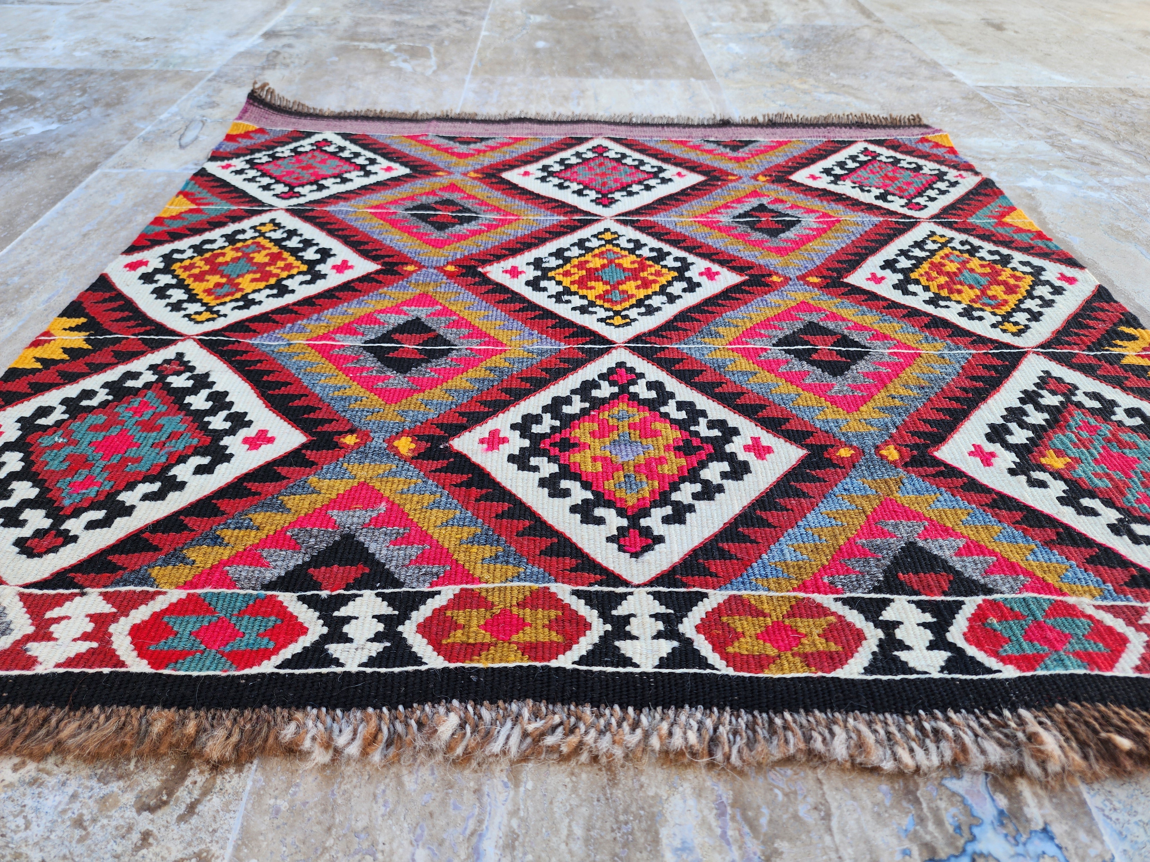 Turkish Kilim Rug 2 x 2 ft Pink Orange Blue Kilim Rug, Vintage Southwestern Aztec Handmade Wool Kilim, Antique Persian Rustic Farmhouse Rug (Copy)