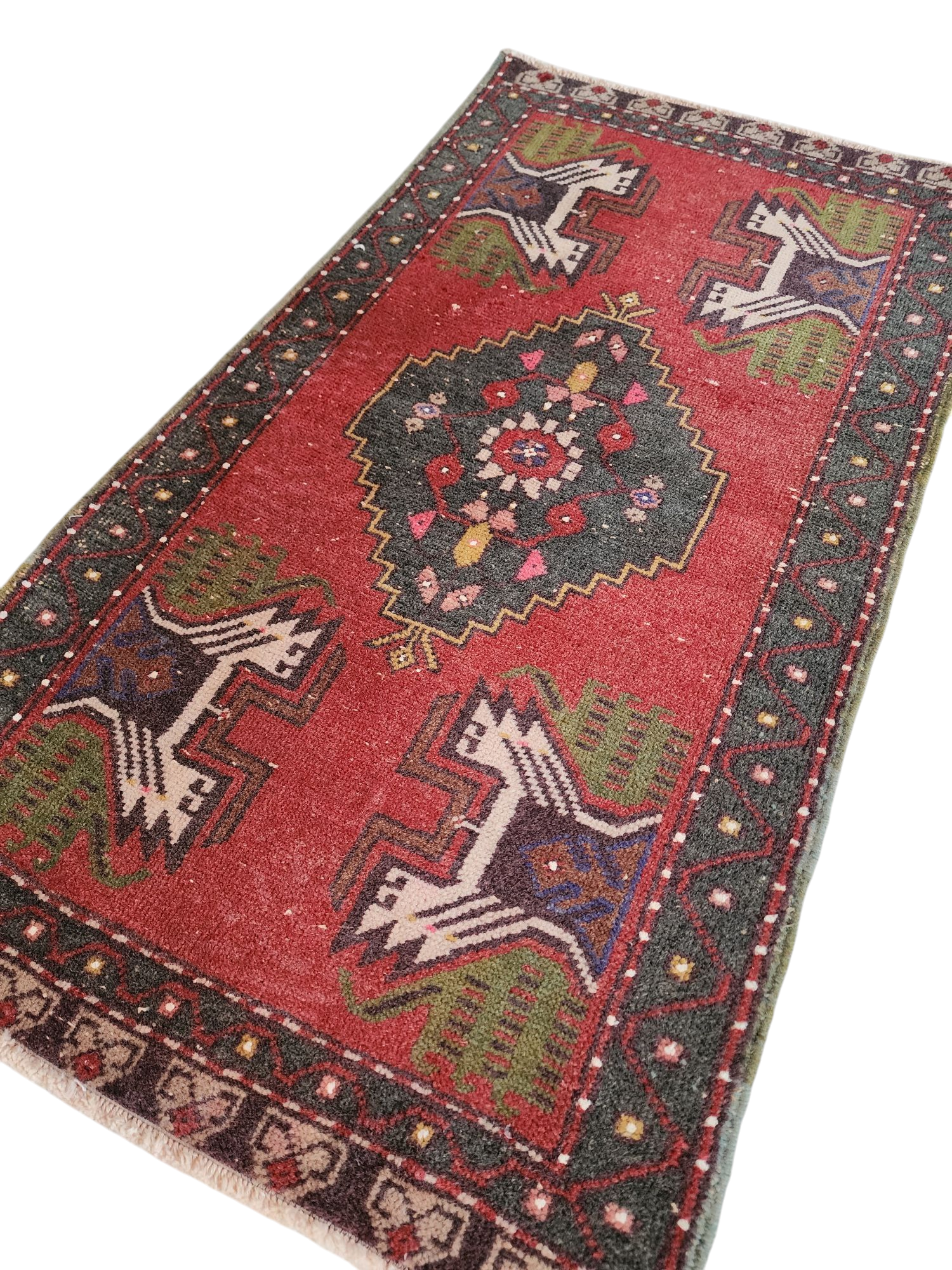 Vintage Turkish Small Rug, 3 ft 3 in x 1 ft 8 in, Pink, Green/Grey and Beige Faded Distressed Antique Style Mat