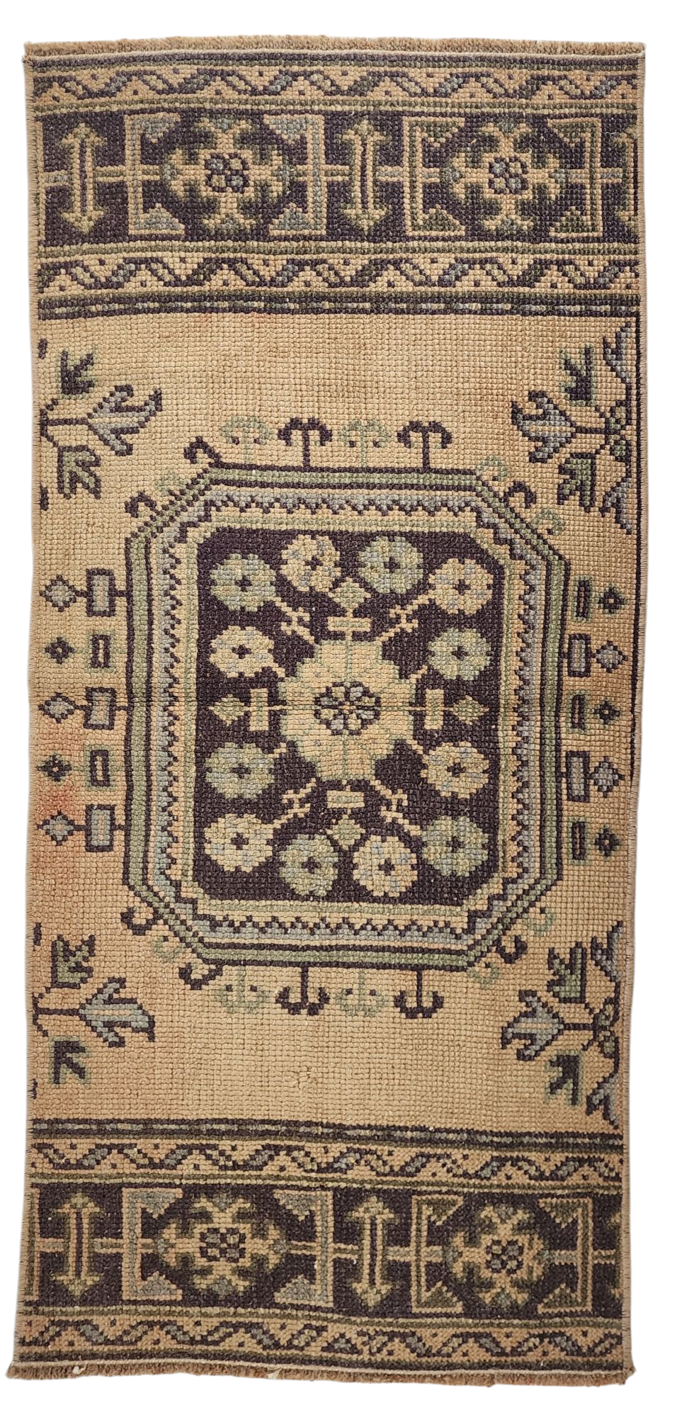 Small Turkish Rug, 4 ft 2 in x 1 ft 9 in, Apricot Orange and Teal Green Vintage Faded Distressed Door Mat