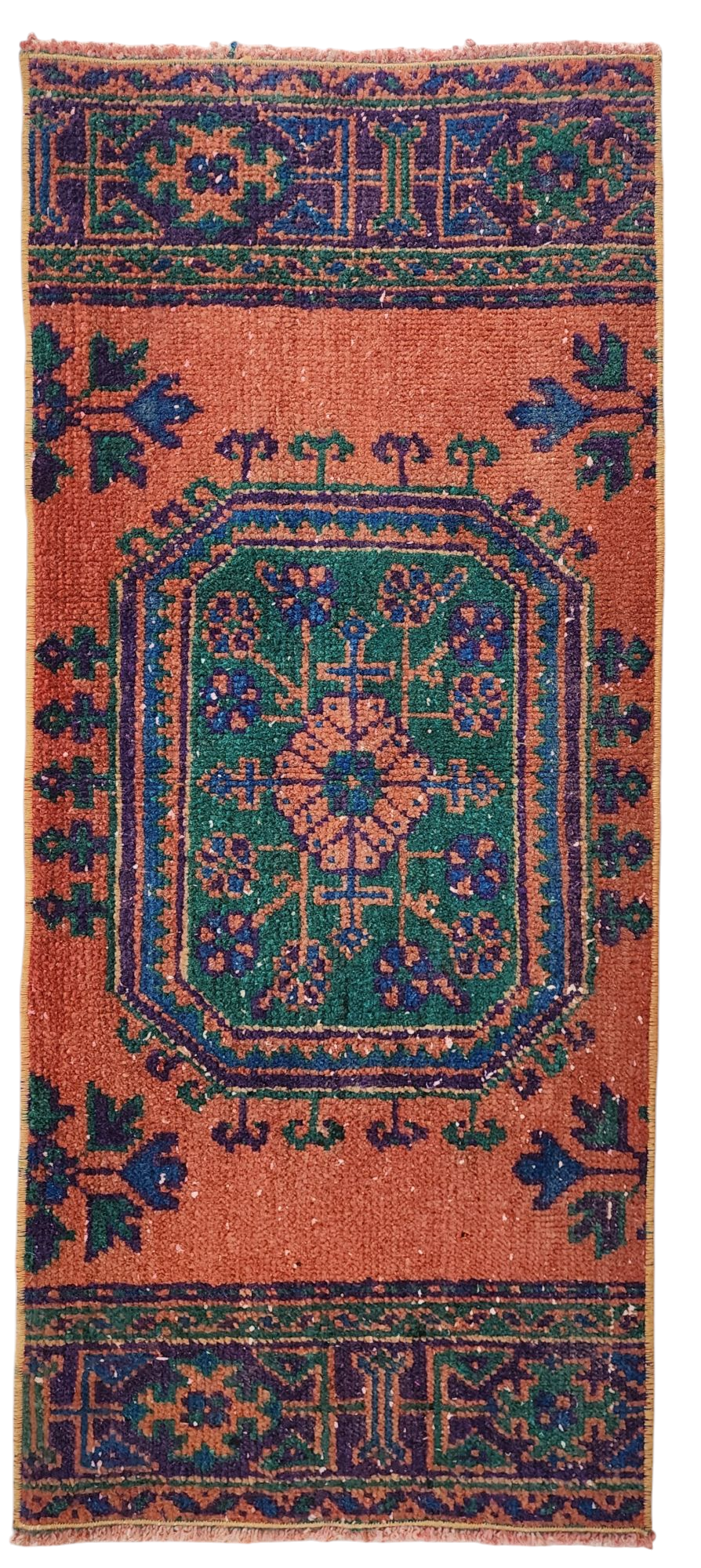 Small Turkish Rug, 4 ft 3 in x 1 ft 9 in, Apricot Orange and Teal Green Vintage Faded Distressed Door Mat