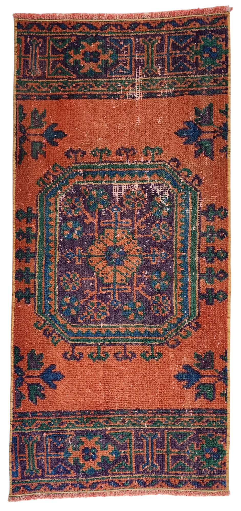 Small Turkish Rug, 4 ft 3 in x 2 ft, Apricot Orange and Teal Green Vintage Faded Distressed Door Mat